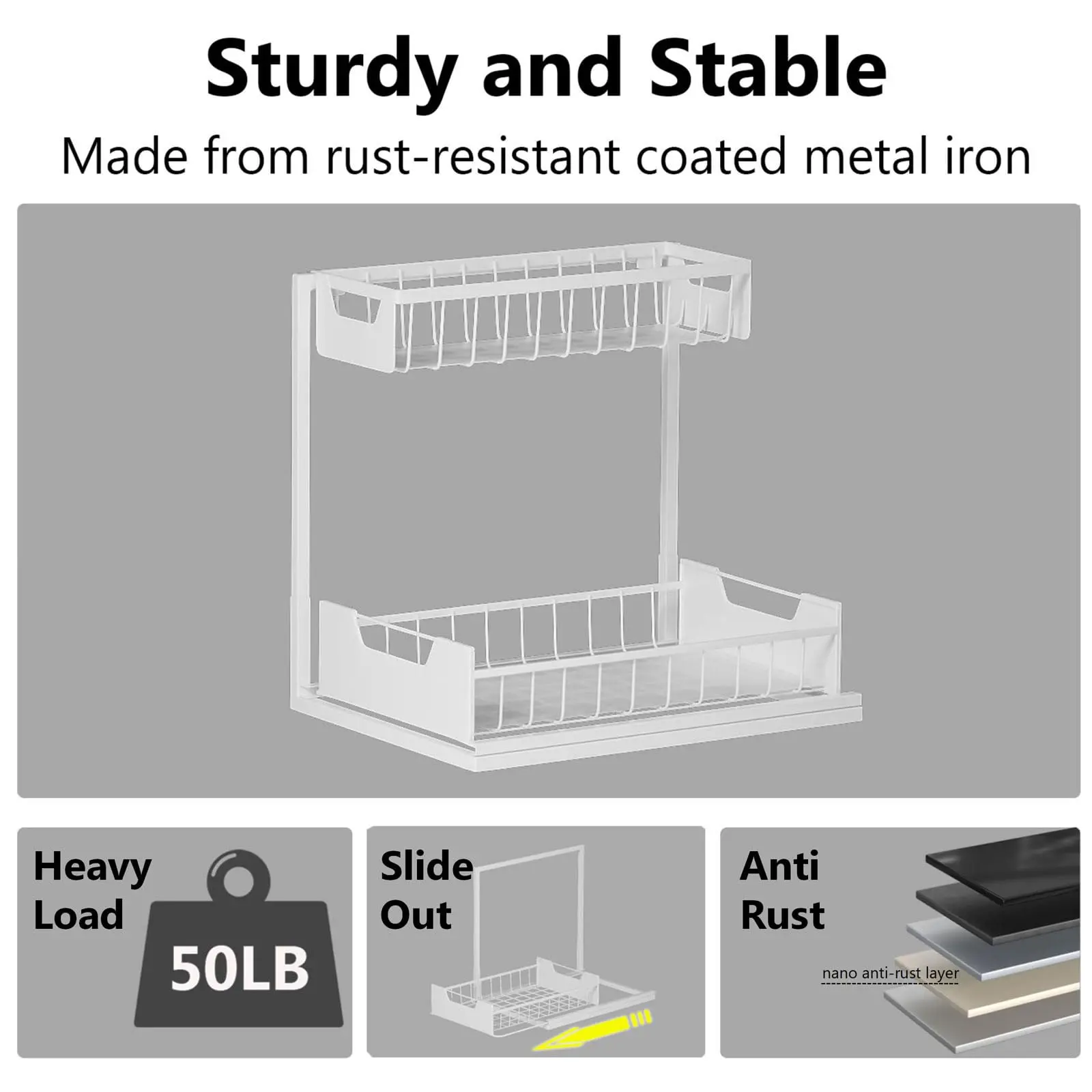 Undersink Storage Rack with 2 Layers Metal Pull-Out Kitchen Cabinet Organizer