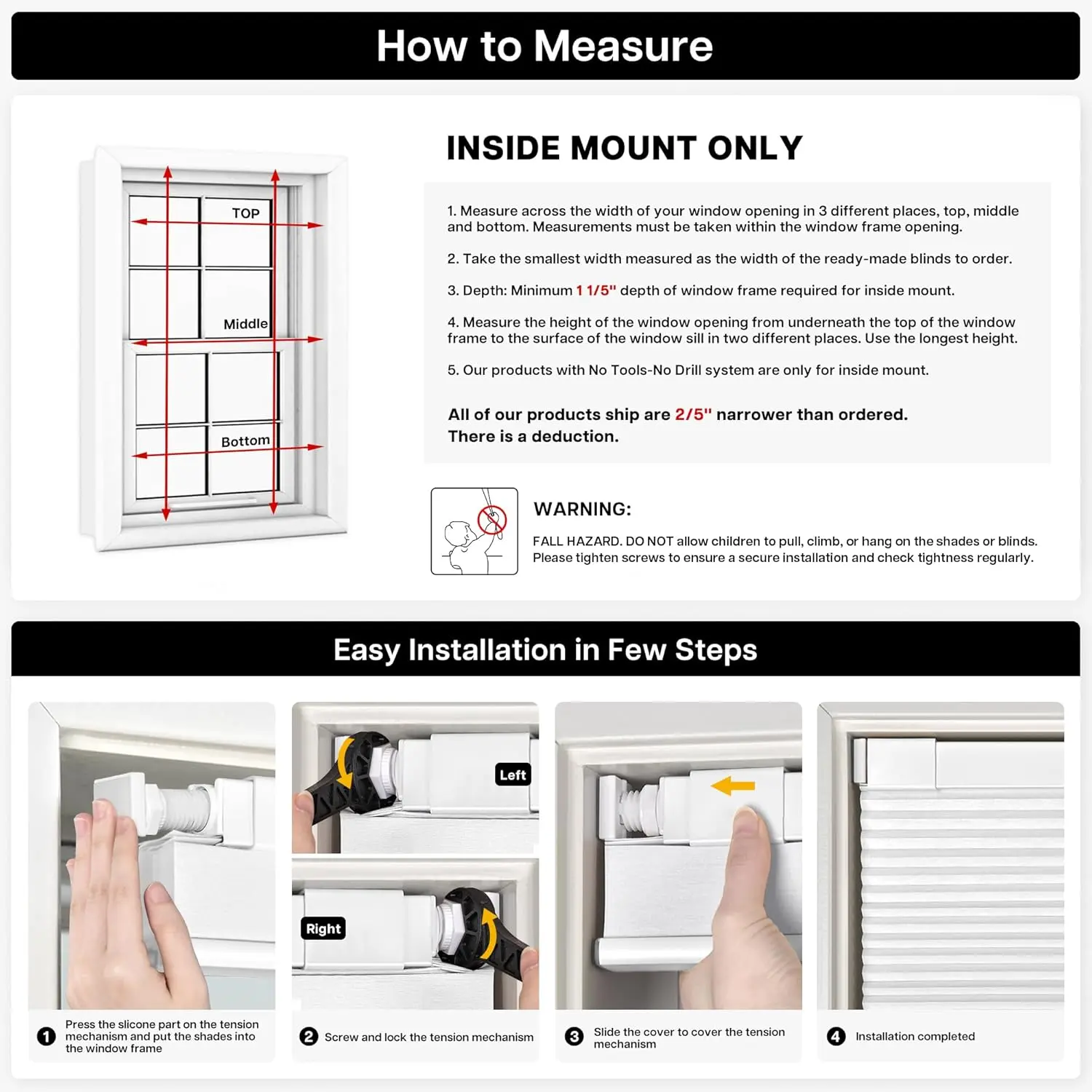 No Drill Cordless Cellular Shades - Easy Install Honeycomb Blinds for Windows, 20'' W x 48'' H, White Home & Kitchen