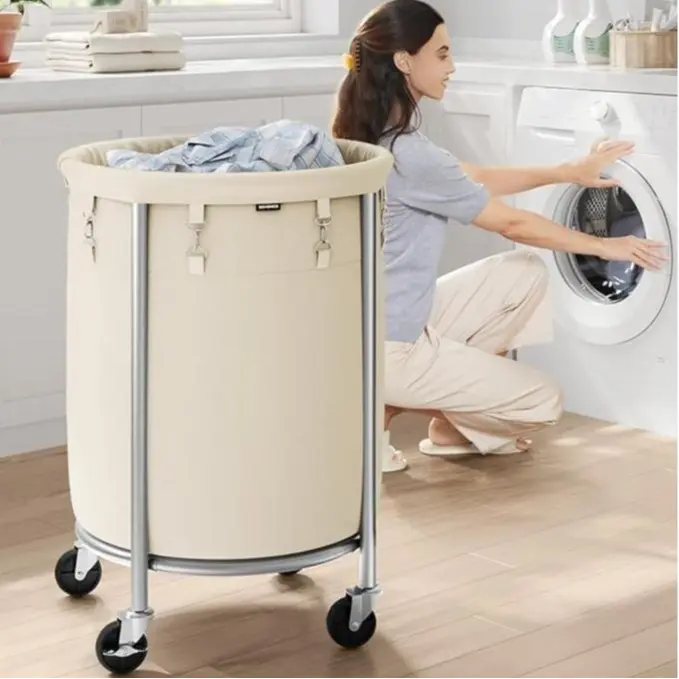 Spacious 45‑gallon rolling laundry hamper with waterproof 600D polyester body and sturdy steel frame, lockable wheels and 66lb load capacity for easy home clothes storage and movement.
