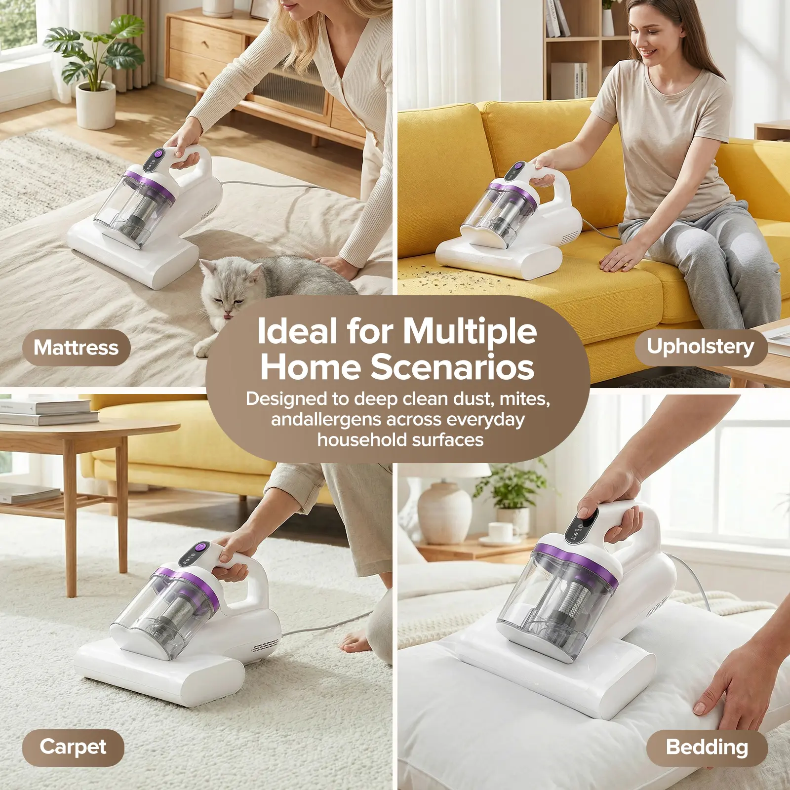 350W Mattress Vacuum Cleaner, UV‑C Light 12.5kPa Strong Suction Handheld Bed Vacuum with Dual‑Cup Design for Dust Mite, Pet Hair Removal