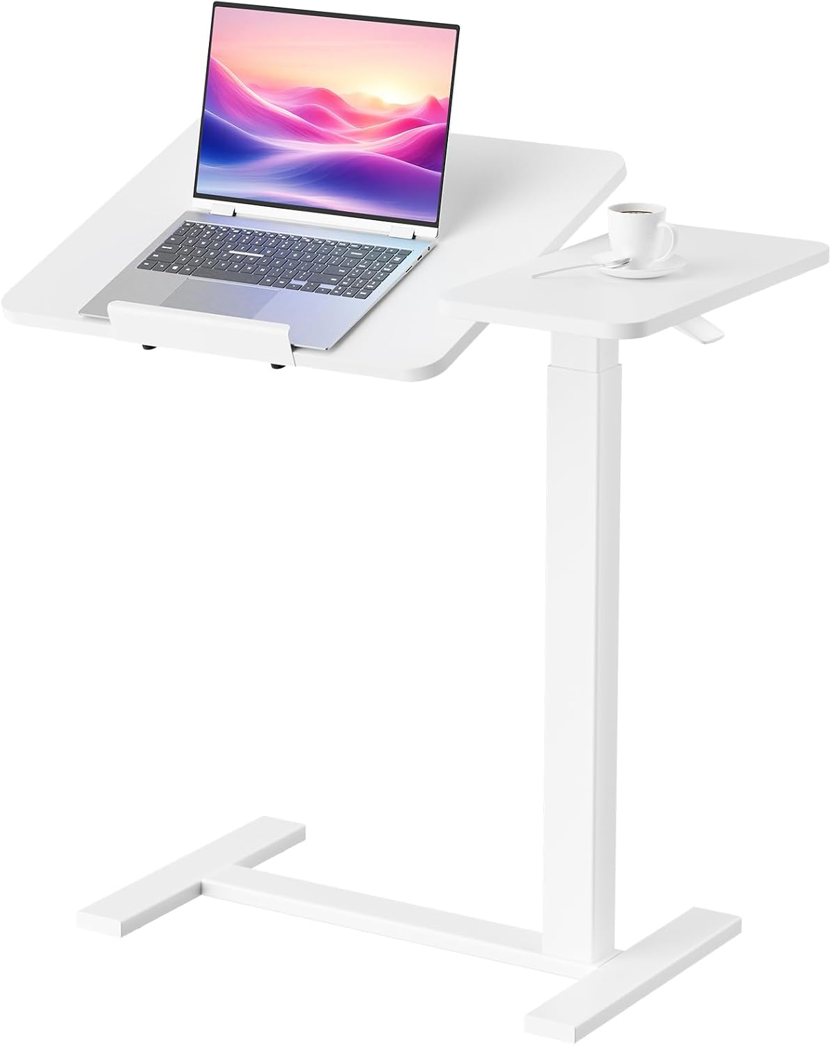 Gas‑lift rolling overbed table with 0‑70° tilting top, one‑hand height adjustment, silent castors and secure locking, ideal for reading, working and eating beside beds or sofas.  >