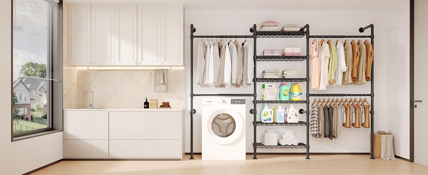 【MAX 900 LBS】ONBRILL Expandable(18.3-34.6") Wall Mounted Closet System, Industrial Pipe Clothing Rack, Clothes Rack Garment Racks Wardrobe Racks for Hanging Clothes, Heavy Duty Closet Organizers for LivingRoom Bedroom Furniture【BackToSchool】