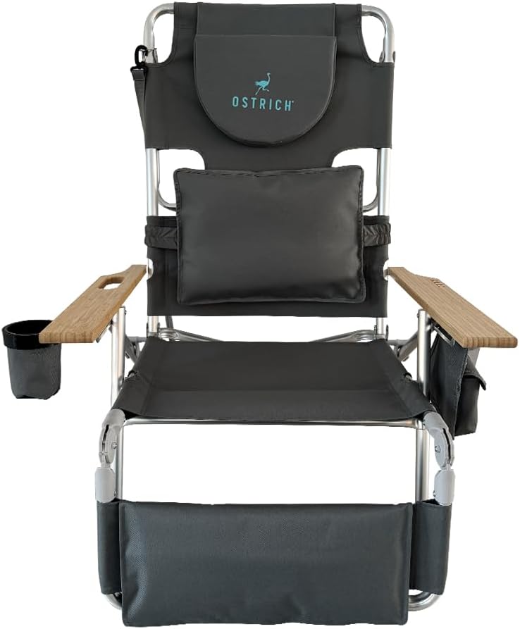 Portable reclining beach chair with face‑down feature, aluminium frame, cup holder and storage pockets for outdoor lounging and camping trips.