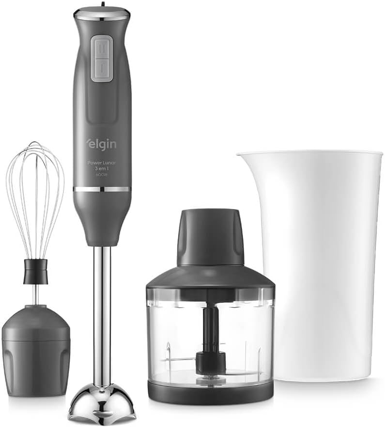 Powerful 600W 3‑in‑1 hand mixer with whisk, blending cup and mini chopper. Sharp steel blades deliver fast processing; detachable parts enable quick, simple cleaning for everyday kitchen tasks.