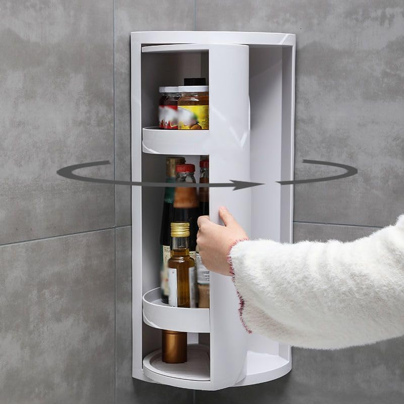 White 3‑tier 360° rotating corner shelf with scalloped detailing, compact counter‑top storage rack ideal for bathroom and kitchen tidying.