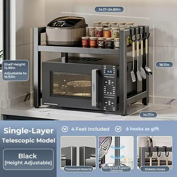 Adjustable Double-Layer Carbon Steel Microwave Rack for Kitchen Countertop Home Storage