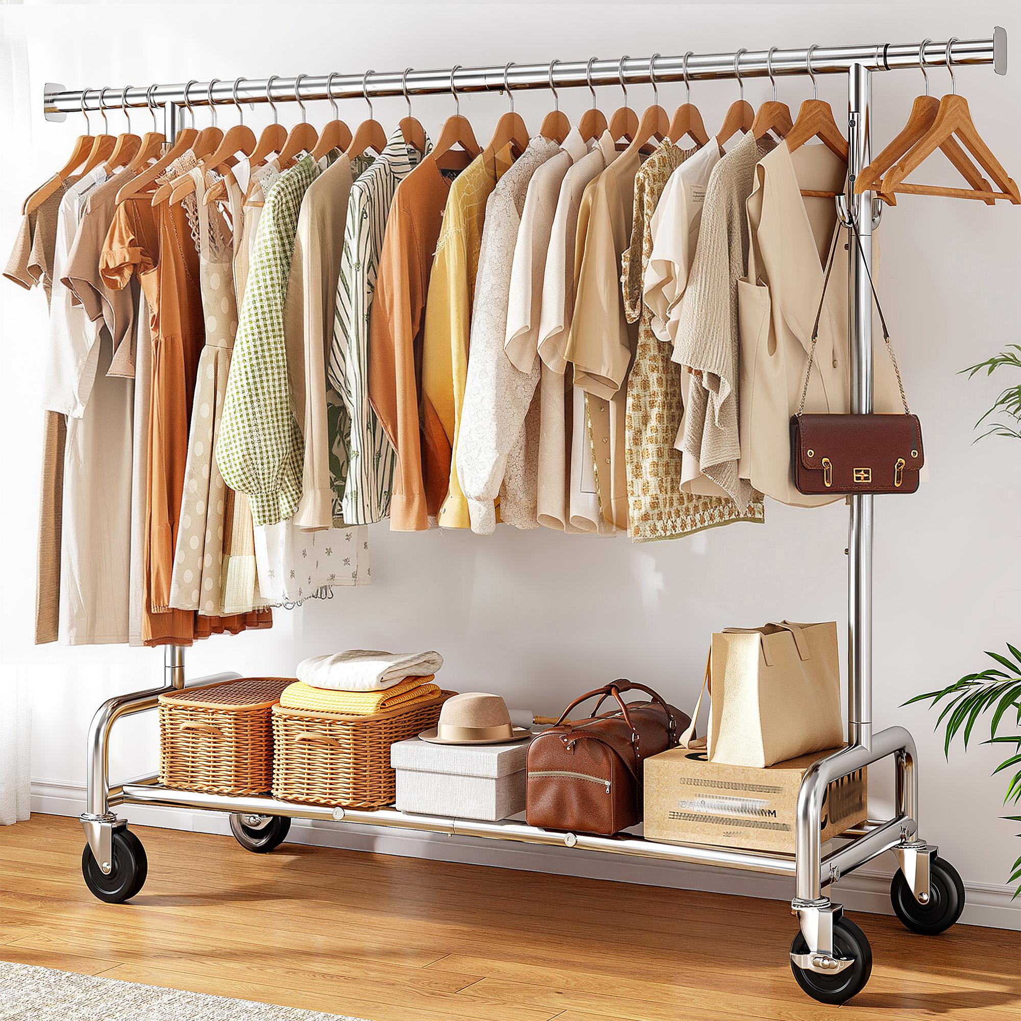 Raybee Heavy Duty Clothing Racks with Net Pocket Holds Up to 210lbs,Double Rod Metal Clothes Rack for Hanging, Rolling Garment Rack with Wheels Portable Closet Racks for Bedroom, Laundry Room,Dorm, Black, White, Gold