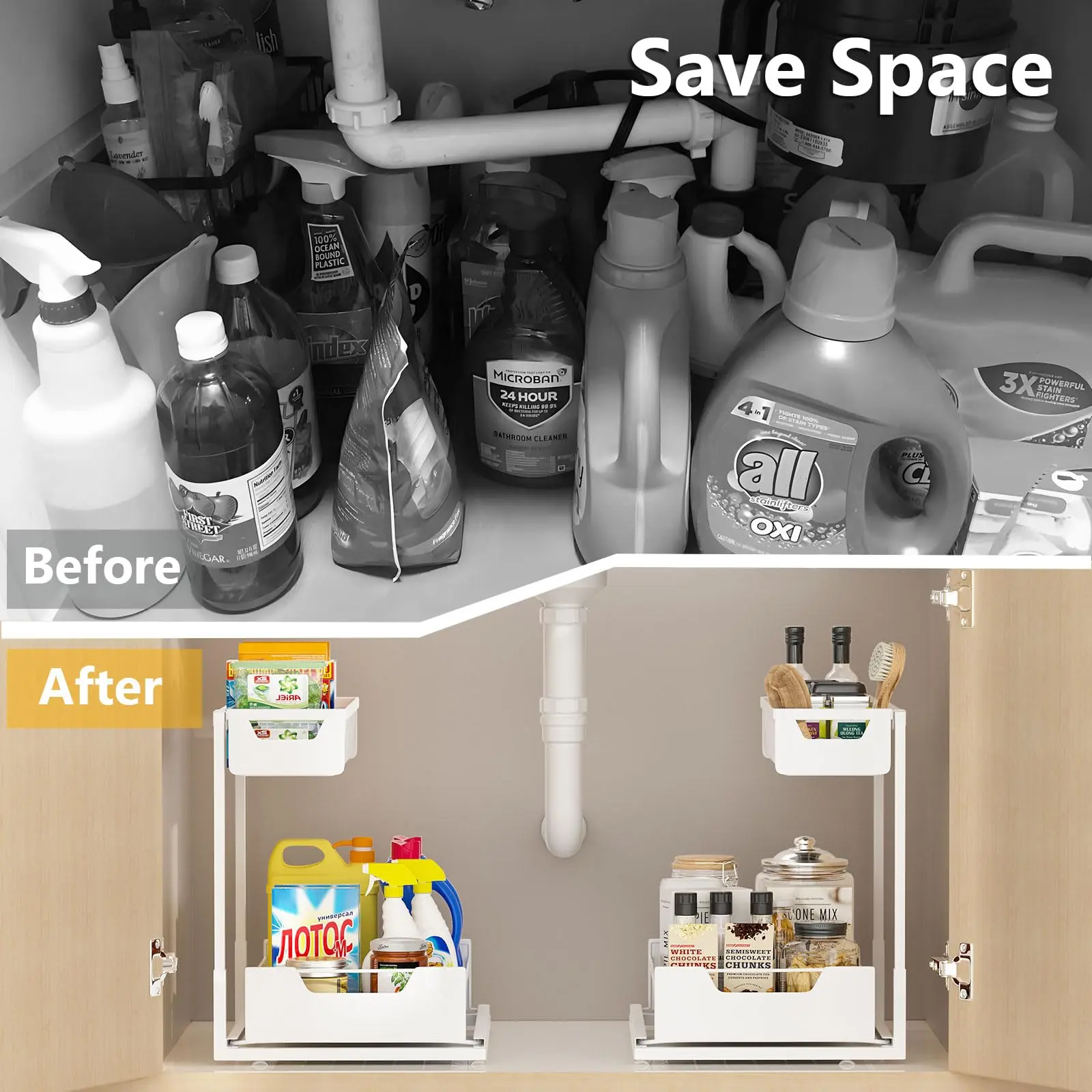 Undersink Storage Rack with 2 Layers Metal Pull-Out Kitchen Cabinet Organizer