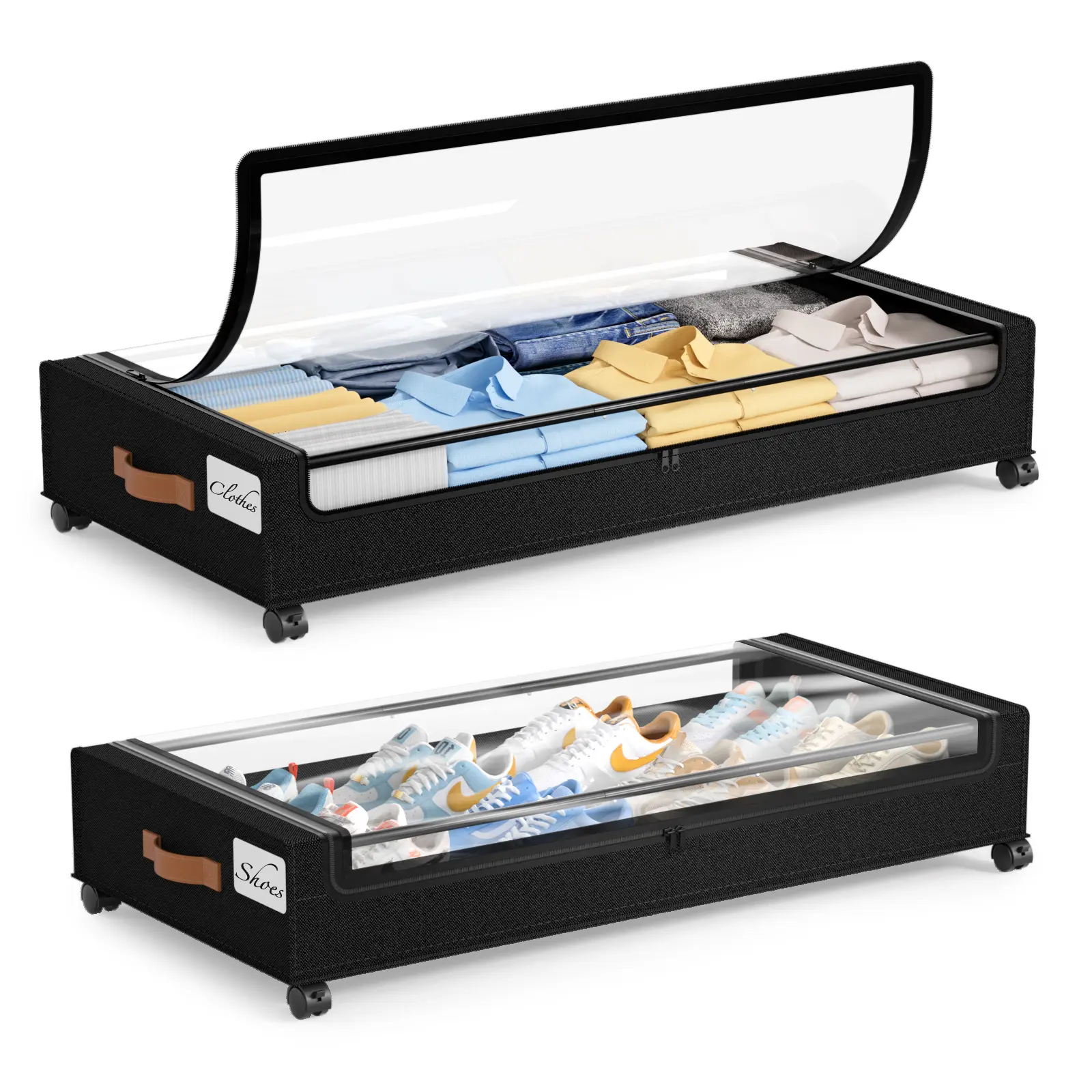 2‑Pack Under Bed Storage Box with Silent Wheels & Clear Lid, Rolling Under‑Bed Storage Organizer Drawer Bins for Clothes Shoes Toys, Dorm Room College Essentials for Bedroom Dormitory