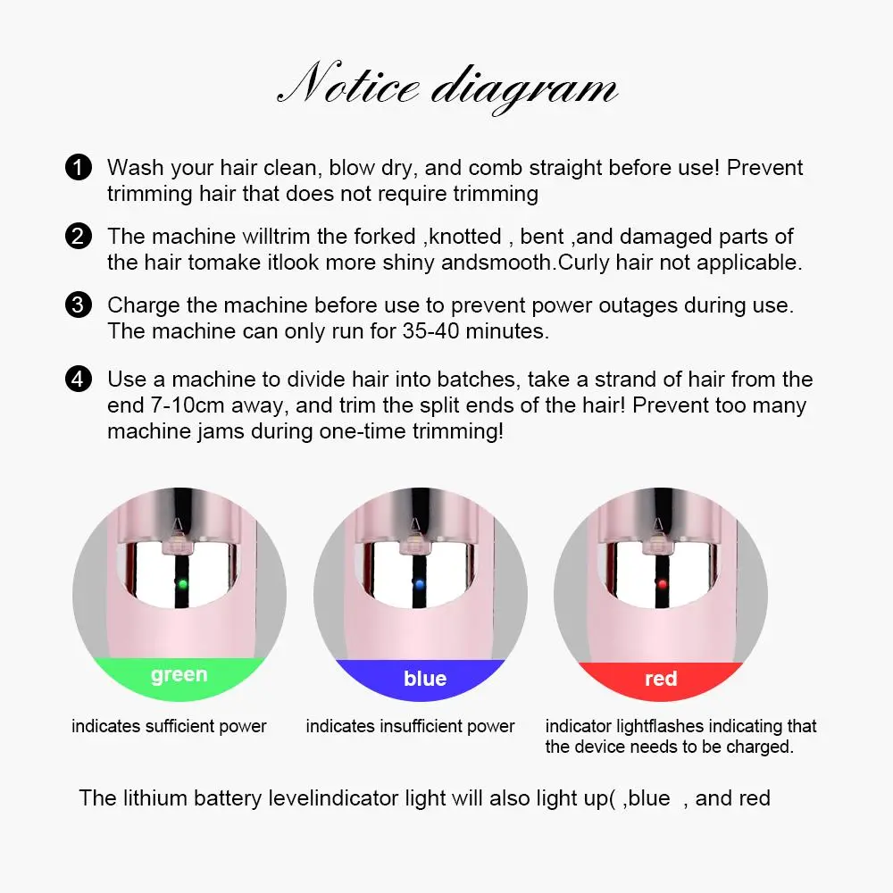 Lightweight USB‑rechargeable hair trimmer with automatic cutting for split‑end trimming, compact for home and travel and available in multiple colours as a handy gift.