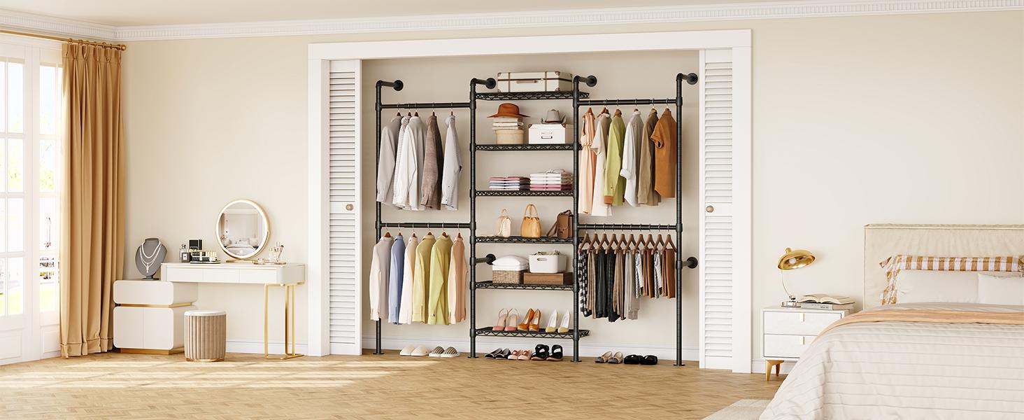【MAX 900 LBS】ONBRILL Expandable(18.3-34.6") Wall Mounted Closet System, Industrial Pipe Clothing Rack, Clothes Rack Garment Racks Wardrobe Racks for Hanging Clothes, Heavy Duty Closet Organizers for LivingRoom Bedroom Furniture【BackToSchool】