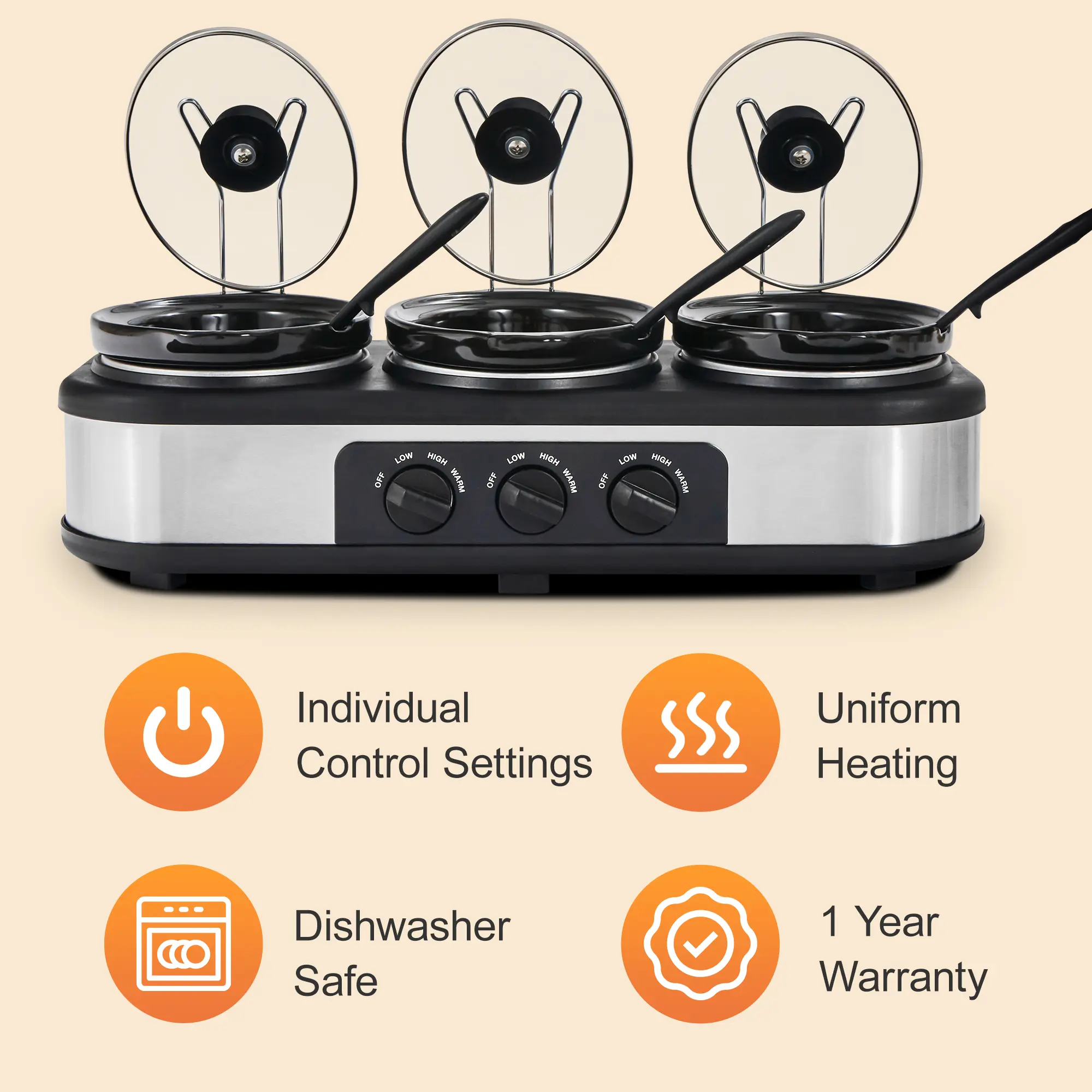 Triple‑pot slow cooker with independent temperature controls, cook three dishes at once, dishwasher‑safe pots, ideal for family meals and entertaining guests.