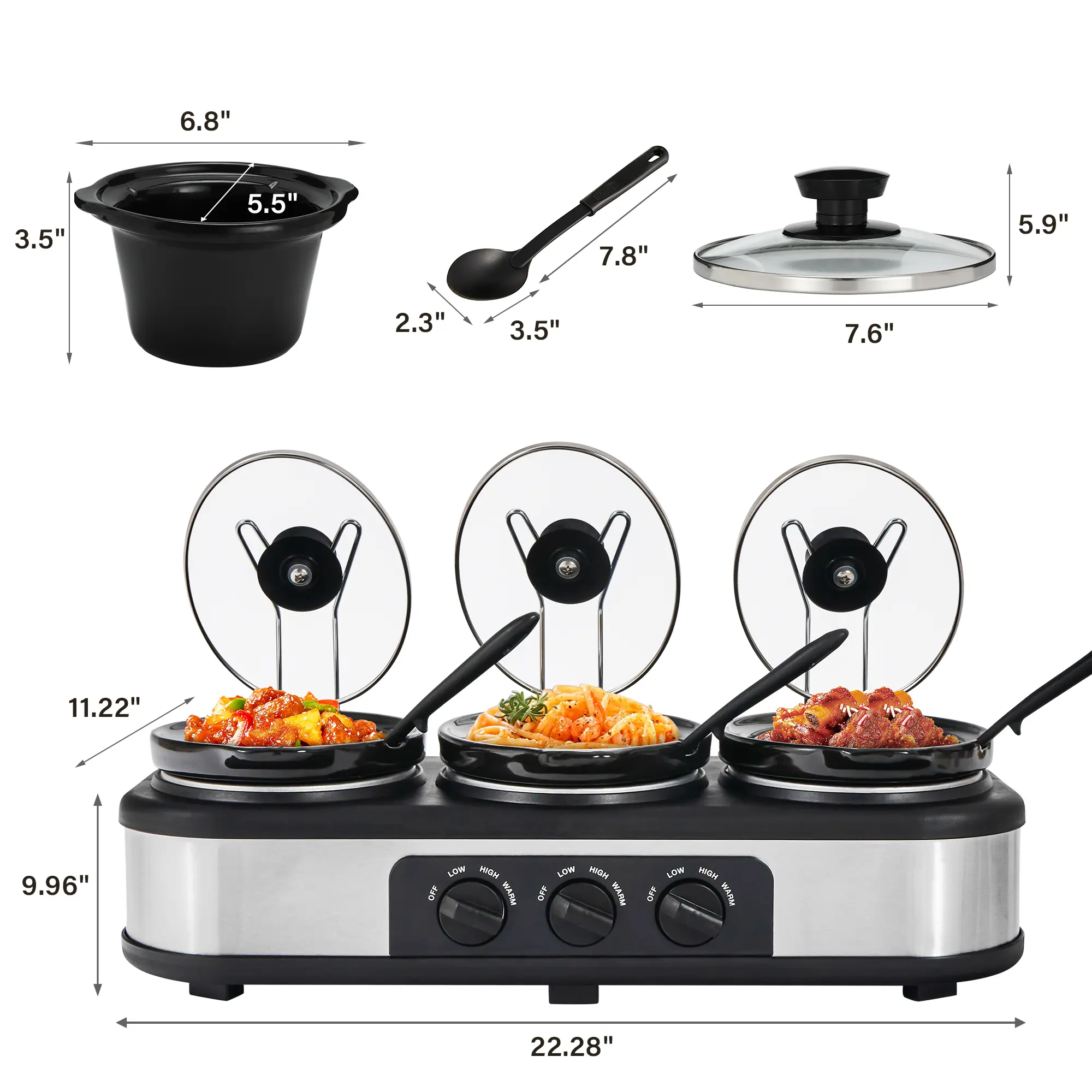 Triple‑pot slow cooker with independent temperature controls, cook three dishes at once, dishwasher‑safe pots, ideal for family meals and entertaining guests.