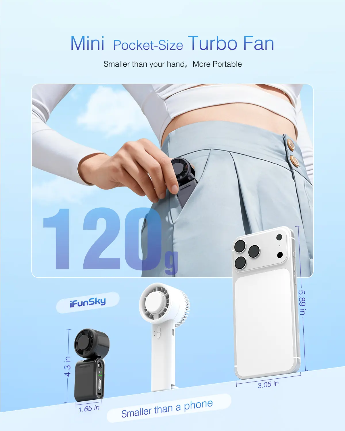 Pocket Fan Mini Portable Handheld Turbo Lightweight Fan 4000mAh 5-Speed Strong Airflow USB Rechargeable Fans with Adjustable Lanyard for Outdoor Travel Beach Summer Gifts for Women & Men