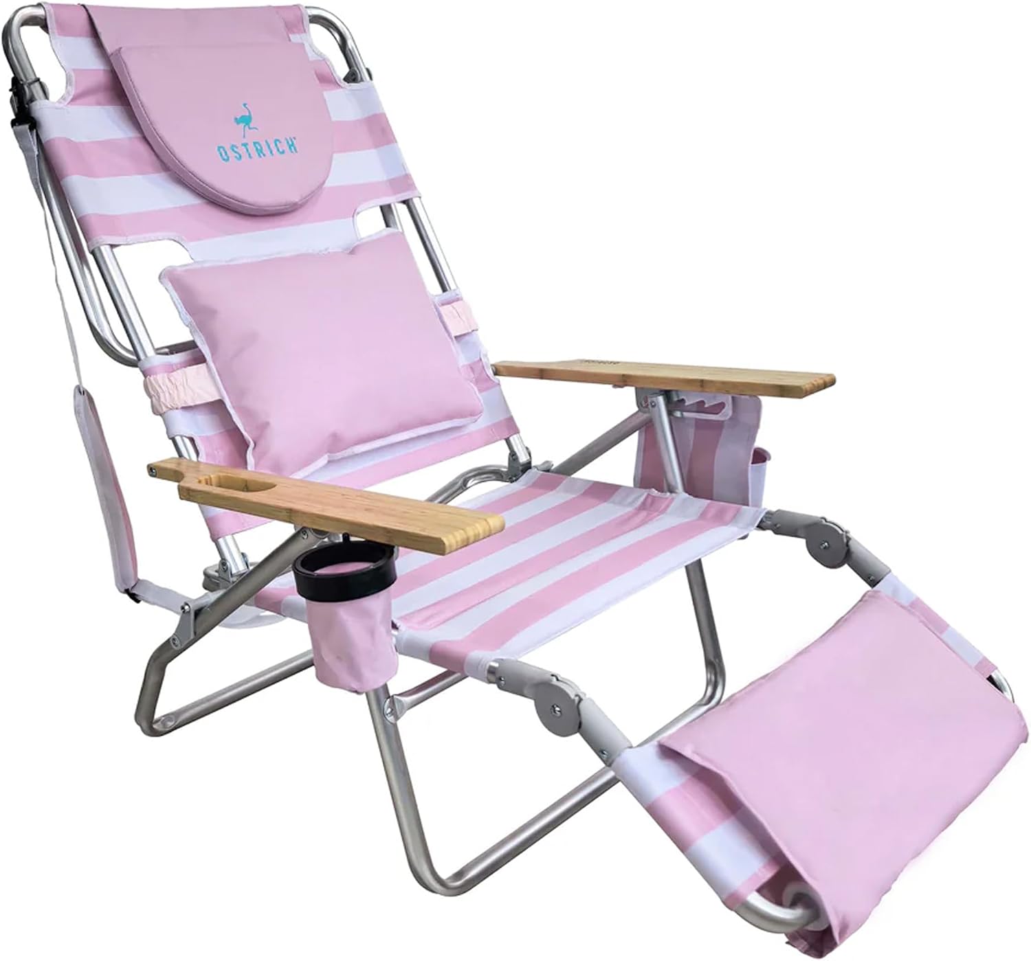 Portable reclining beach chair with face‑down feature, aluminium frame, cup holder and storage pockets for outdoor lounging and camping trips.