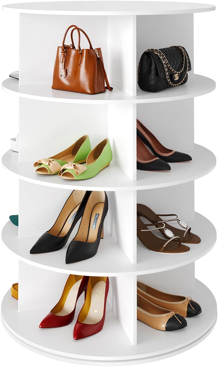 Space‑saving 7‑tier rotating shoe rack made of sturdy solid board, 360‑degree spinning access for shoes, bags and hats, quick‑assembly modern storage for your closet.
