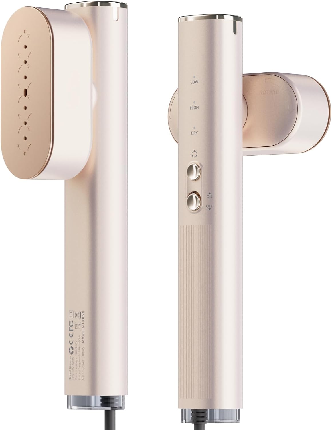 Lightweight compact handheld clothes steamer with steady fine steam, 100‑240V compatible, deodorises and removes wrinkles for travel and home use.