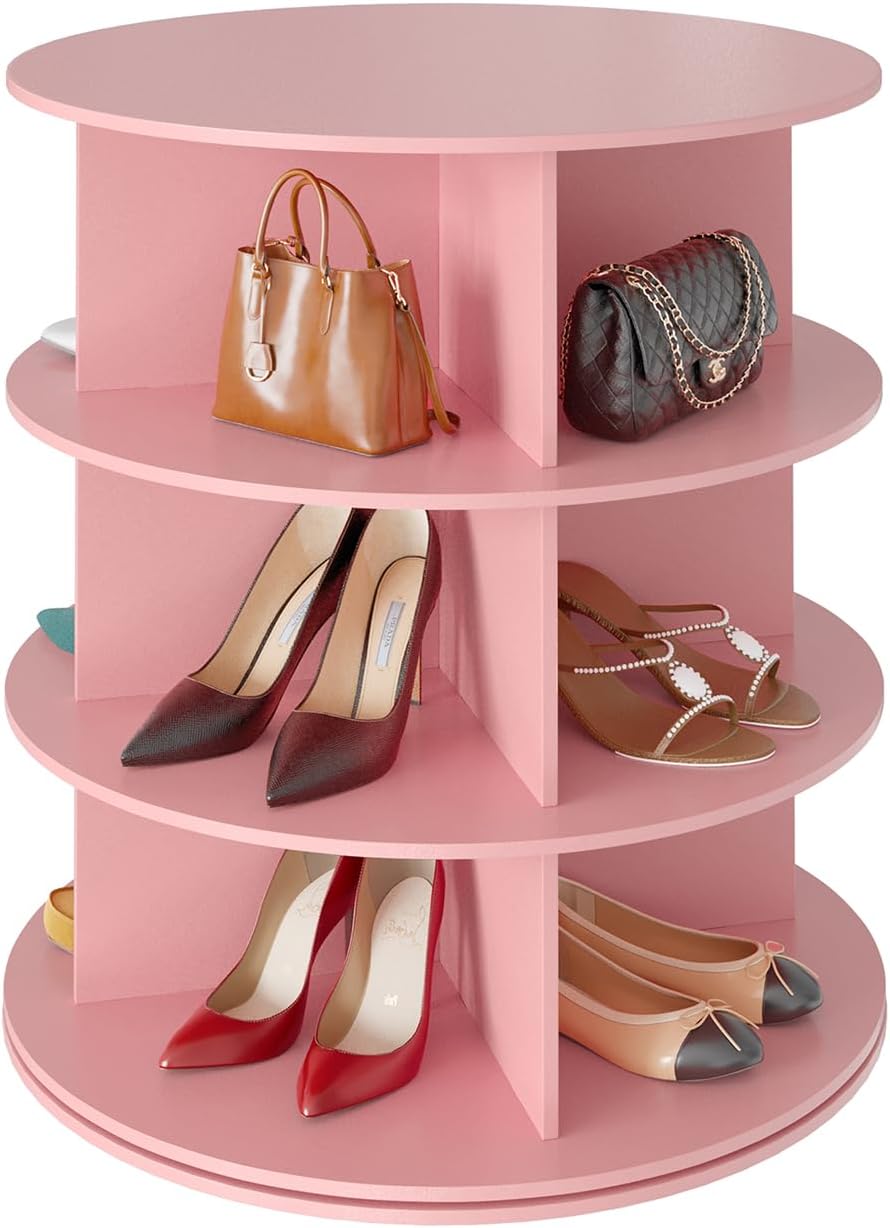 Space‑saving 7‑tier rotating shoe rack made of sturdy solid board, 360‑degree spinning access for shoes, bags and hats, quick‑assembly modern storage for your closet.