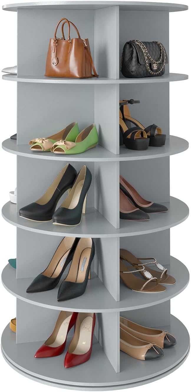 Space‑saving 7‑tier rotating shoe rack made of sturdy solid board, 360‑degree spinning access for shoes, bags and hats, quick‑assembly modern storage for your closet.