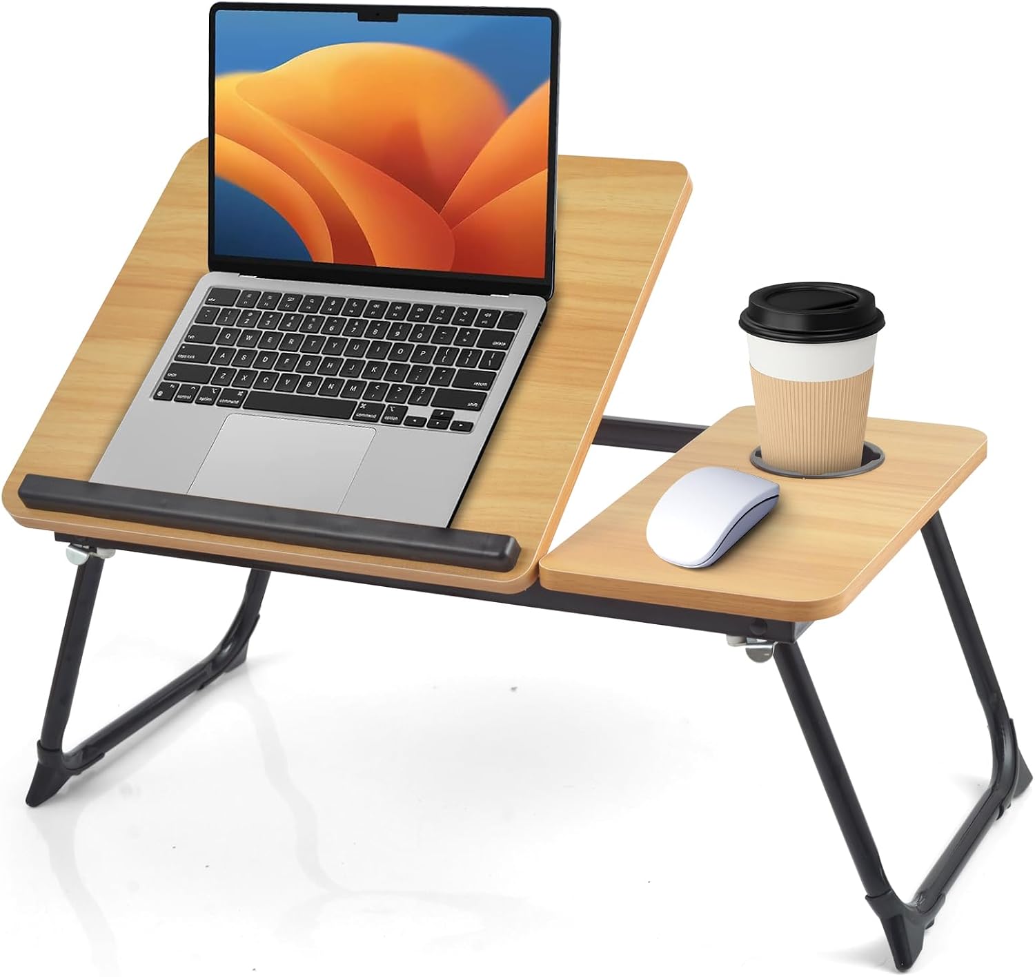 Practical split‑top folding lap desk with angle‑adjustable panel, lockable metal legs and non‑slip feet, ideal for laptop work, snacks and reading in bed or on the sofa.
