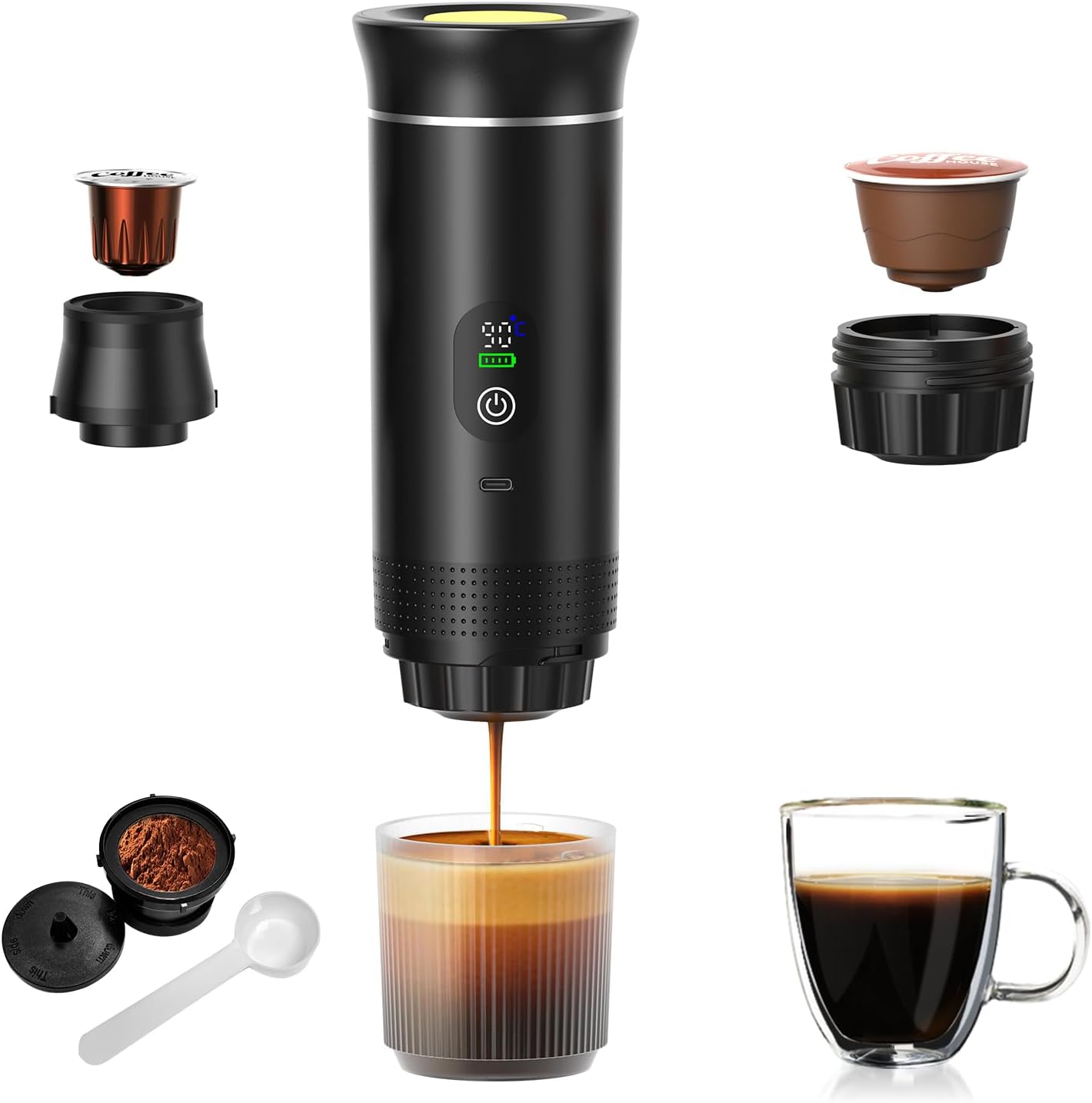 Cordless rechargeable portable espresso maker for ground coffee & NS capsules, with carry bag, perfect for camping, travel and office coffee brewing.