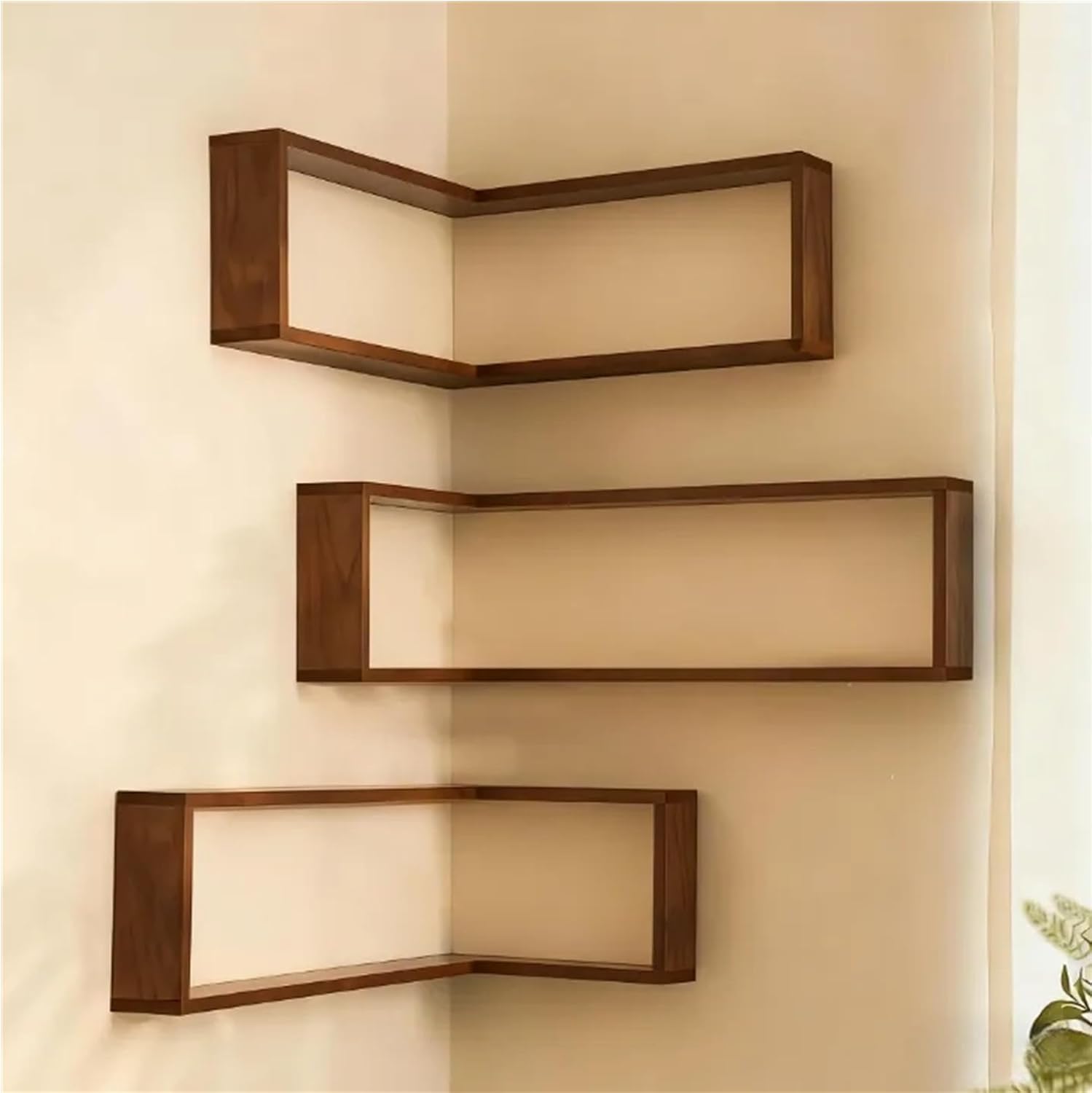 Set‑of‑3 solid‑wood wall‑mounted floating corner shelves, reversible left‑right fit, with rechargeable soft LED lights for stylish home display and storage. 