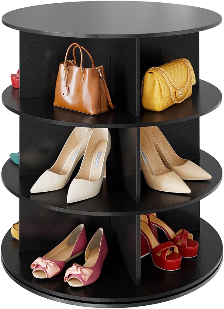Space‑saving 7‑tier rotating shoe rack made of sturdy solid board, 360‑degree spinning access for shoes, bags and hats, quick‑assembly modern storage for your closet.