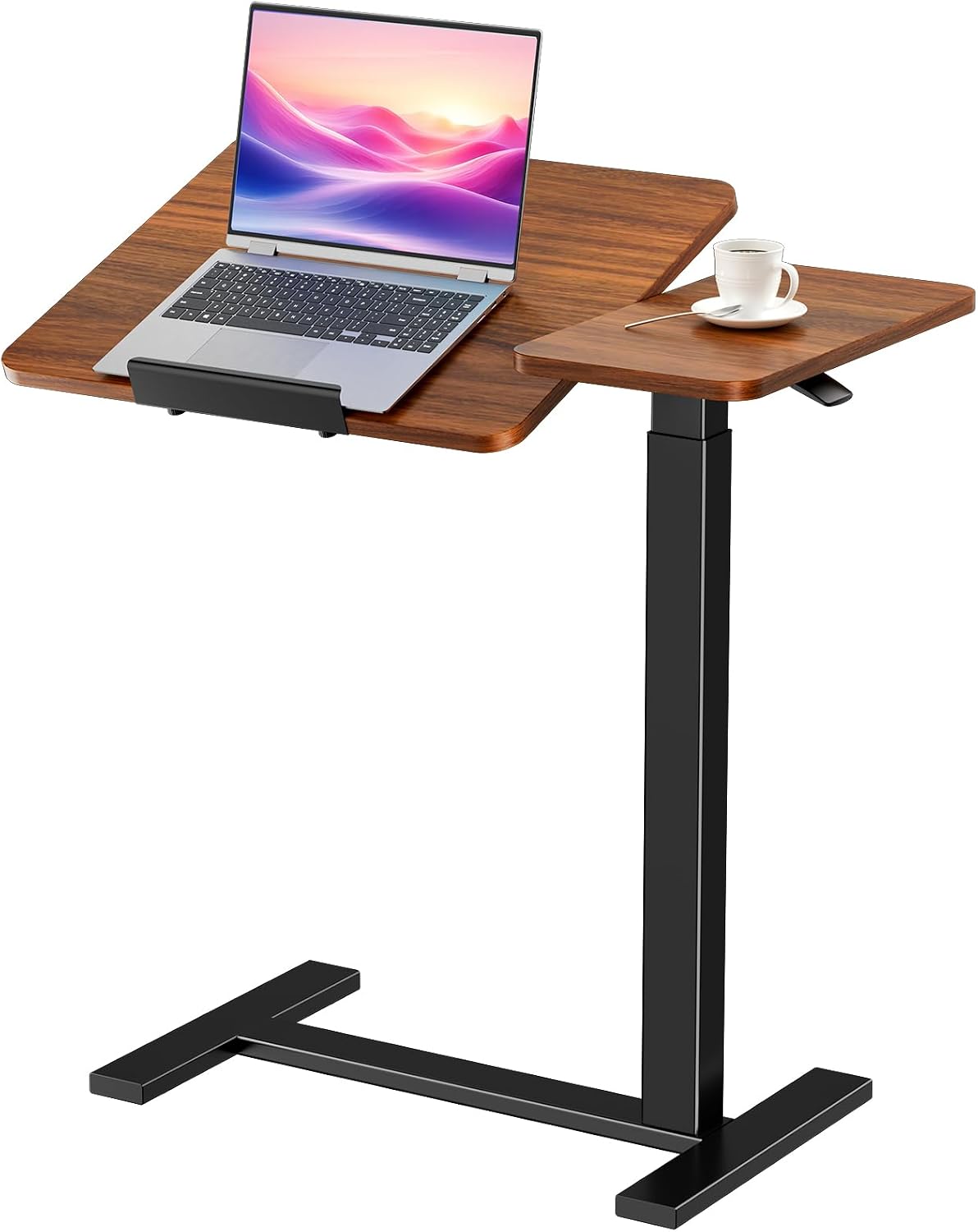 Gas‑lift rolling overbed table with 0‑70° tilting top, one‑hand height adjustment, silent castors and secure locking, ideal for reading, working and eating beside beds or sofas.  >