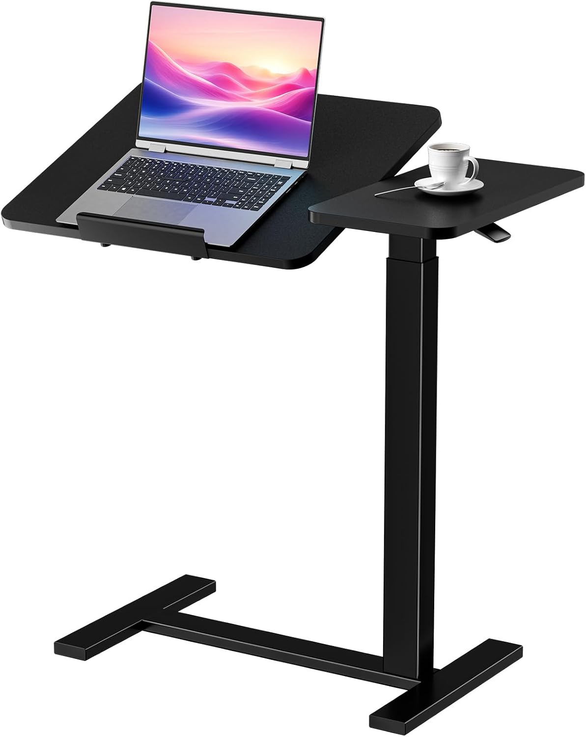 Gas‑lift rolling overbed table with 0‑70° tilting top, one‑hand height adjustment, silent castors and secure locking, ideal for reading, working and eating beside beds or sofas.  >