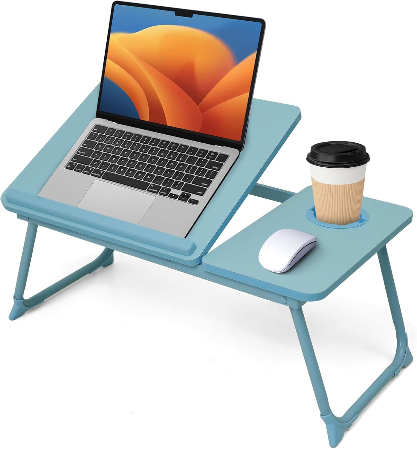 Practical split‑top folding lap desk with angle‑adjustable panel, lockable metal legs and non‑slip feet, ideal for laptop work, snacks and reading in bed or on the sofa.