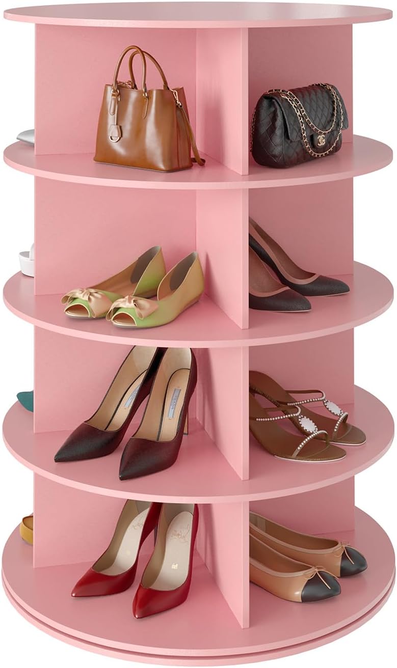 Space‑saving 7‑tier rotating shoe rack made of sturdy solid board, 360‑degree spinning access for shoes, bags and hats, quick‑assembly modern storage for your closet.