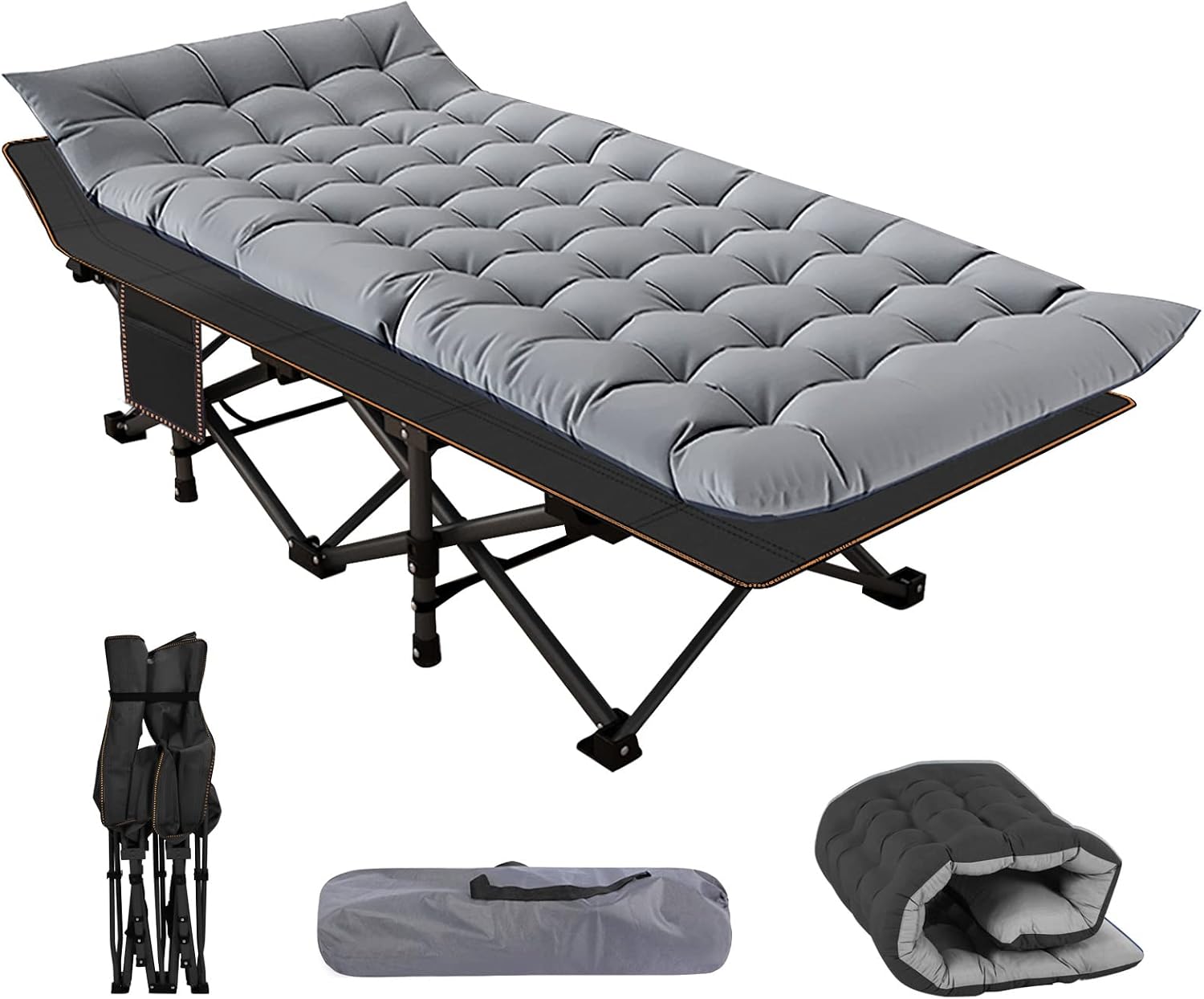 Heavy-duty folding camping cot with rust-proof steel frame and tough 1200D Oxford fabric, supporting 900lbs. Fast 10-second setup, removable dual-colour mattress and portable design for indoor and outdoor sleeping.