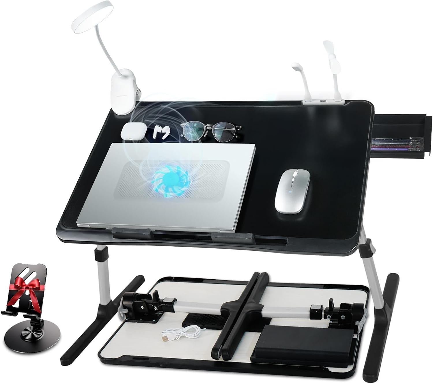 Ergonomic folding lap desk with cooling fan, dimmable USB LED lamp, adjustable height‑tilt and storage drawer, stable for laptop work in bed or on your sofa.