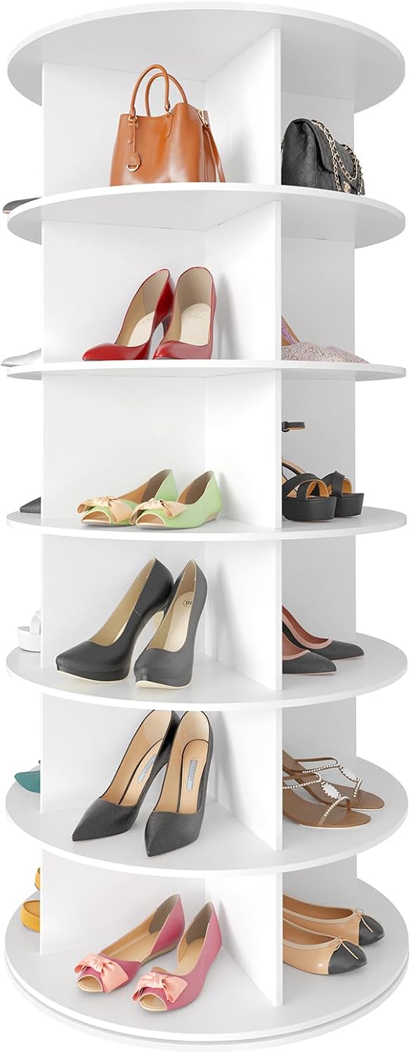 Space‑saving 7‑tier rotating shoe rack made of sturdy solid board, 360‑degree spinning access for shoes, bags and hats, quick‑assembly modern storage for your closet.