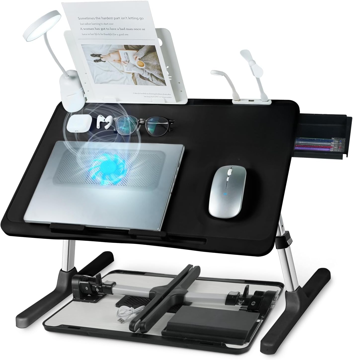 Ergonomic folding lap desk with cooling fan, dimmable USB LED lamp, adjustable height‑tilt and storage drawer, stable for laptop work in bed or on your sofa.
