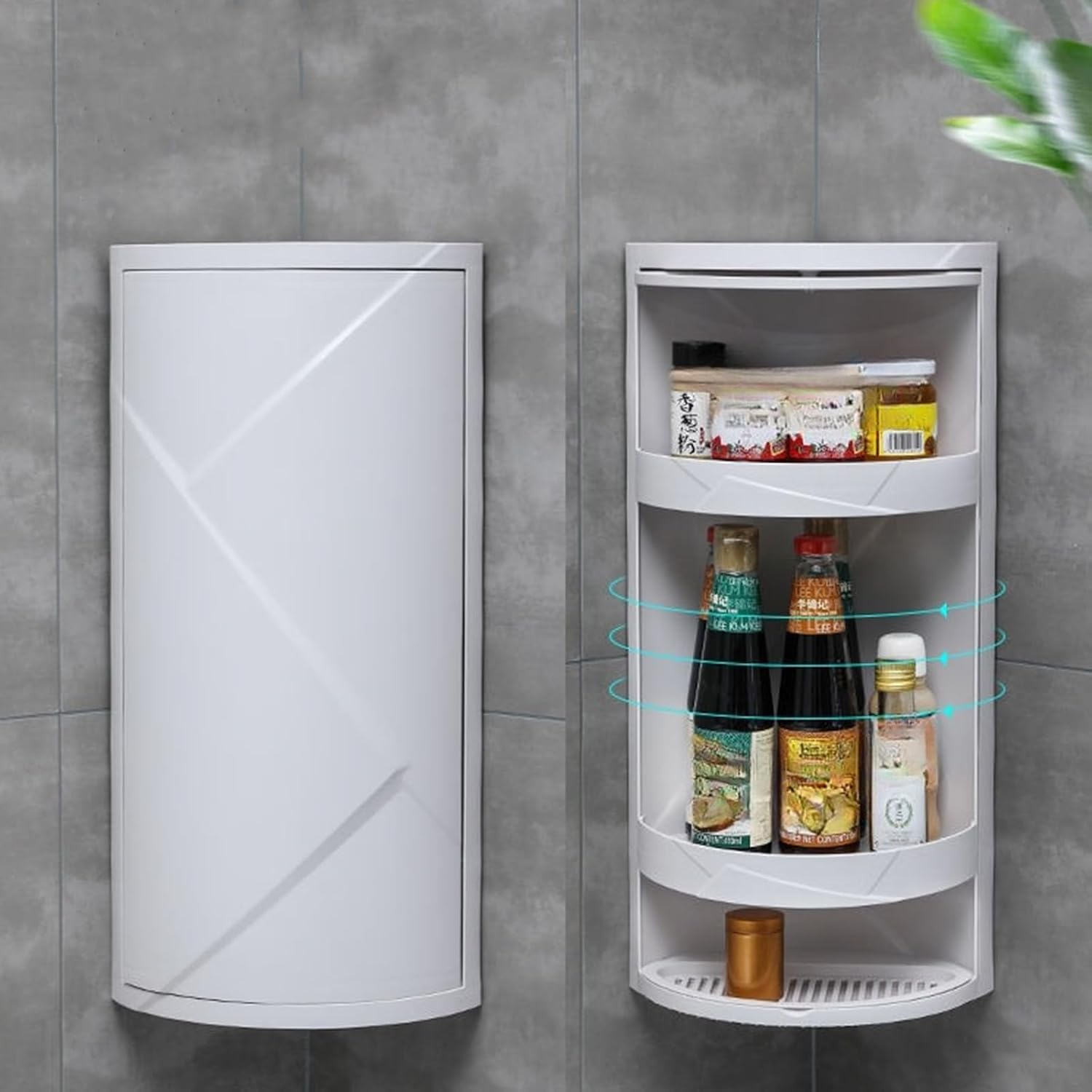 White 3‑tier 360° rotating corner shelf with scalloped detailing, compact counter‑top storage rack ideal for bathroom and kitchen tidying.