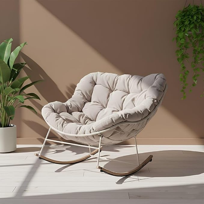 This egg‑shaped rocking chair with stain‑resistant padded cushion and powder‑coated steel frame suits indoor‑outdoor relaxation, holding up to 350 lbs.