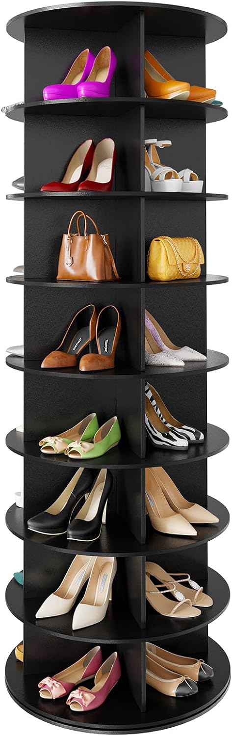 Space‑saving 7‑tier rotating shoe rack made of sturdy solid board, 360‑degree spinning access for shoes, bags and hats, quick‑assembly modern storage for your closet.