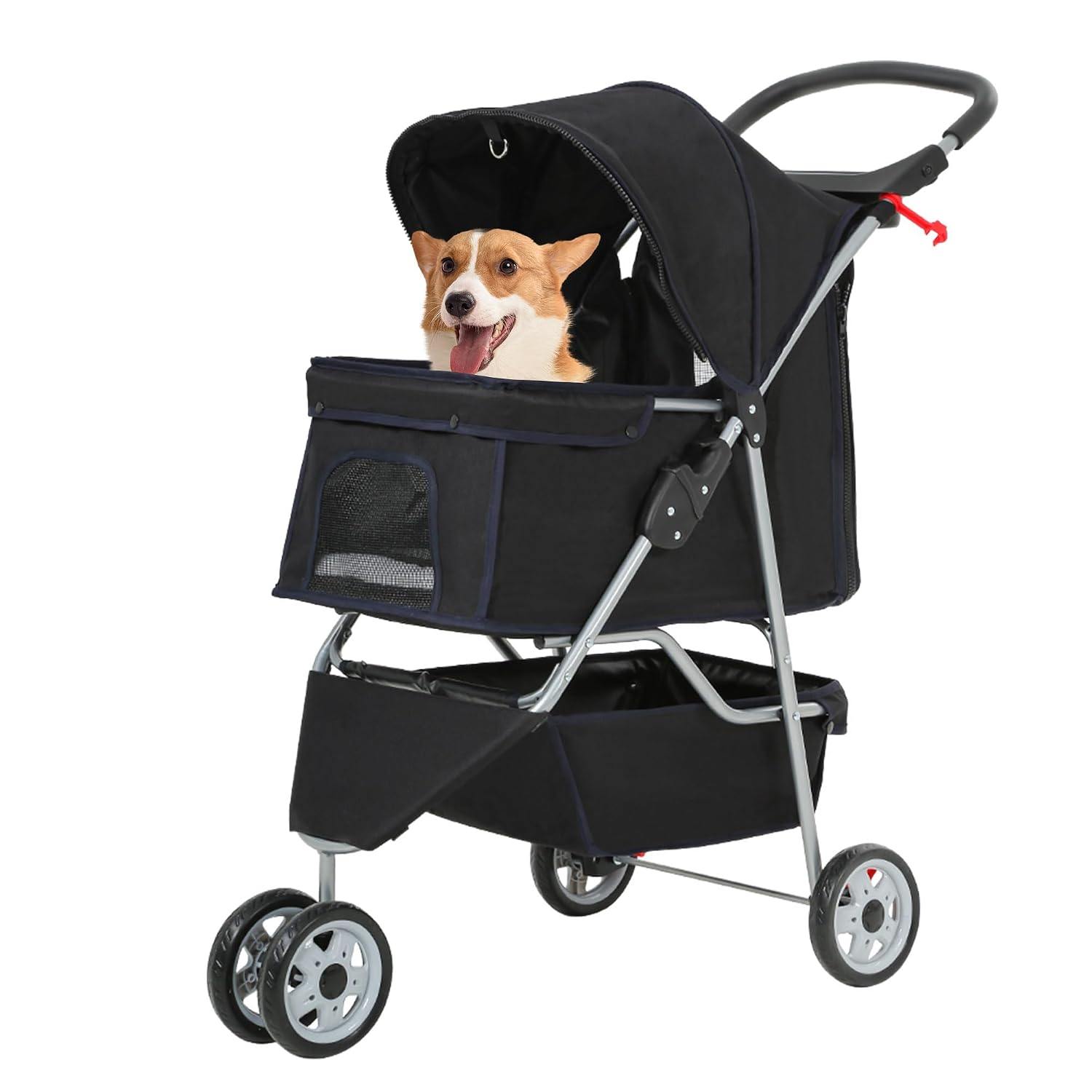 Lightweight foldable pet stroller with waterproof Oxford fabric, breathable mesh, safety brakes and storage space, ideal for walking, jogging and travelling with small dogs and cats.