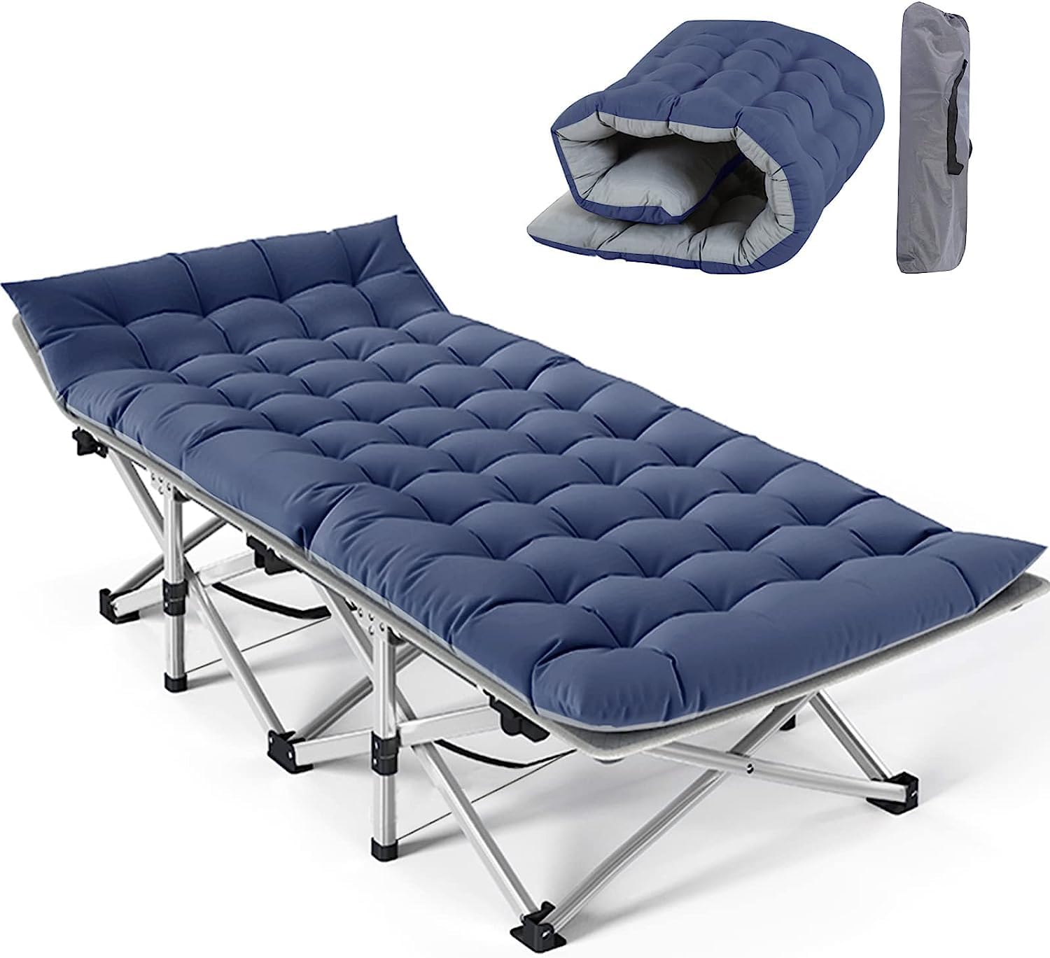 Heavy-duty folding camping cot with rust-proof steel frame and tough 1200D Oxford fabric, supporting 900lbs. Fast 10-second setup, removable dual-colour mattress and portable design for indoor and outdoor sleeping.