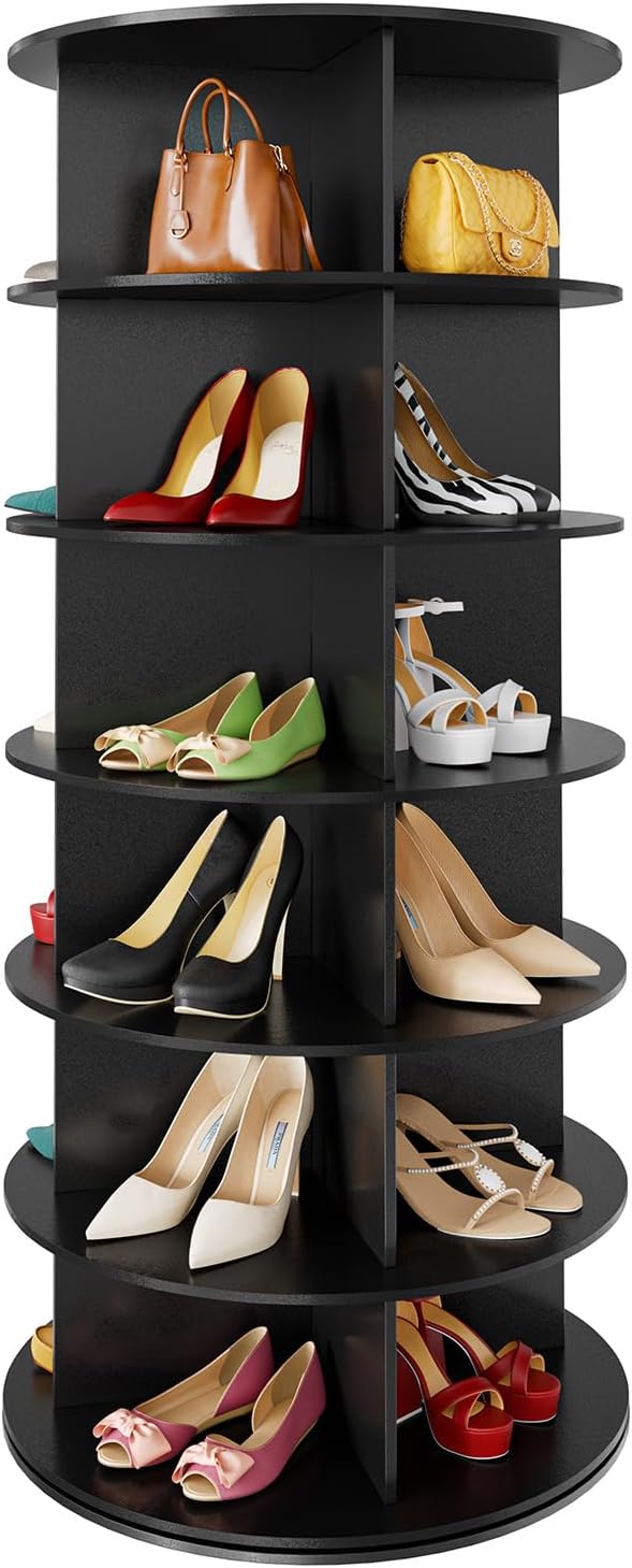 Space‑saving 7‑tier rotating shoe rack made of sturdy solid board, 360‑degree spinning access for shoes, bags and hats, quick‑assembly modern storage for your closet.