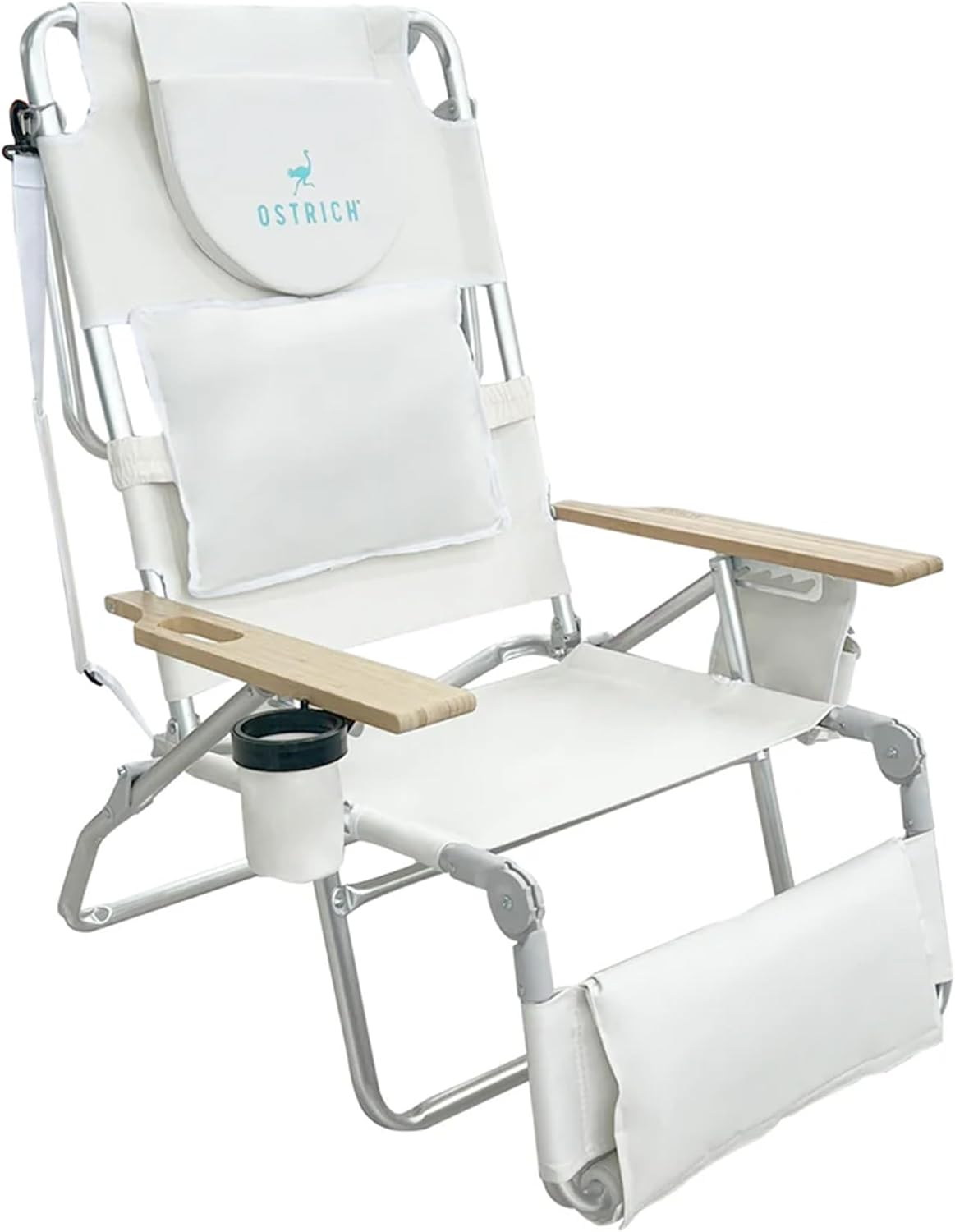 Portable reclining beach chair with face‑down feature, aluminium frame, cup holder and storage pockets for outdoor lounging and camping trips.