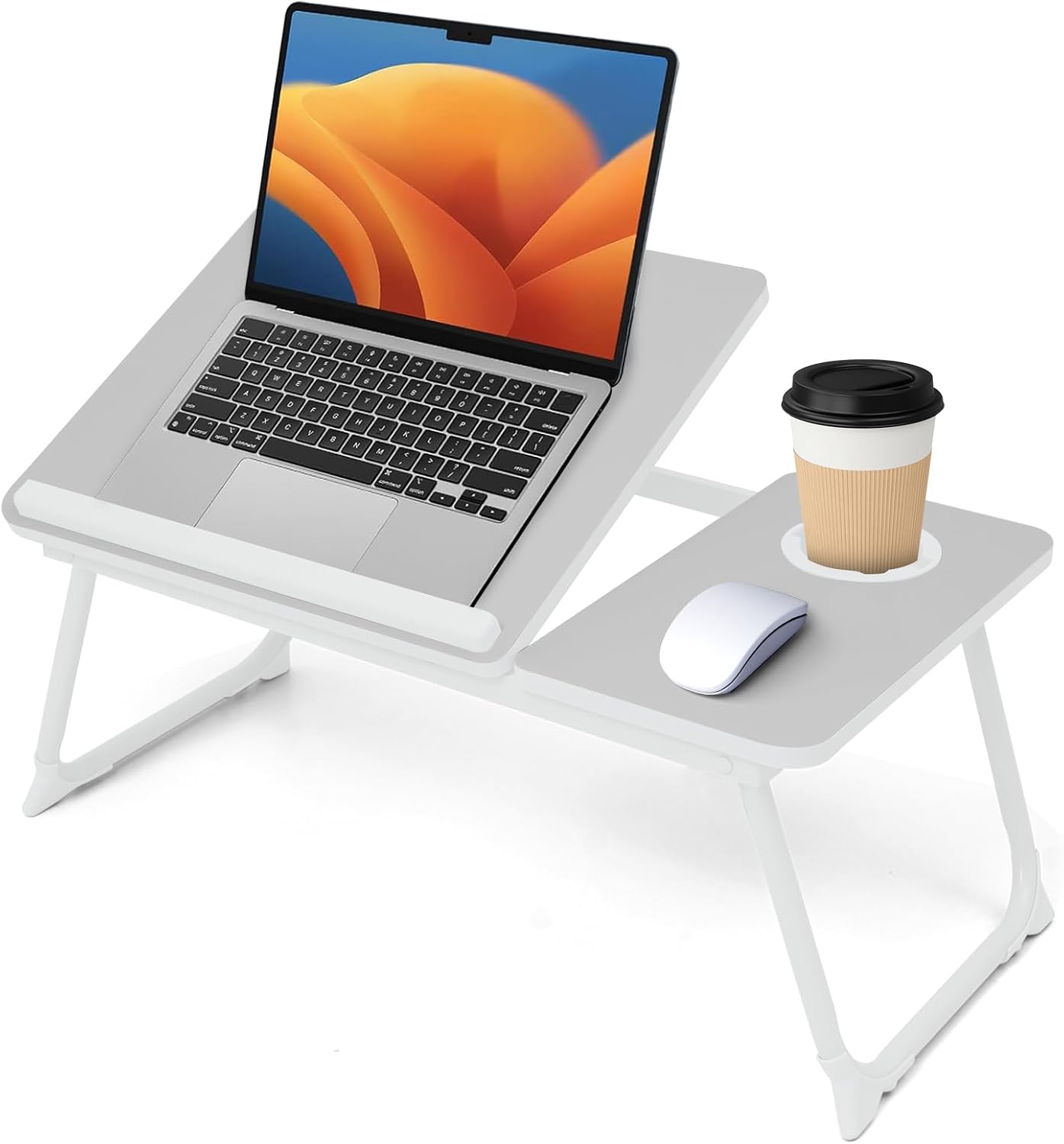 Practical split‑top folding lap desk with angle‑adjustable panel, lockable metal legs and non‑slip feet, ideal for laptop work, snacks and reading in bed or on the sofa.