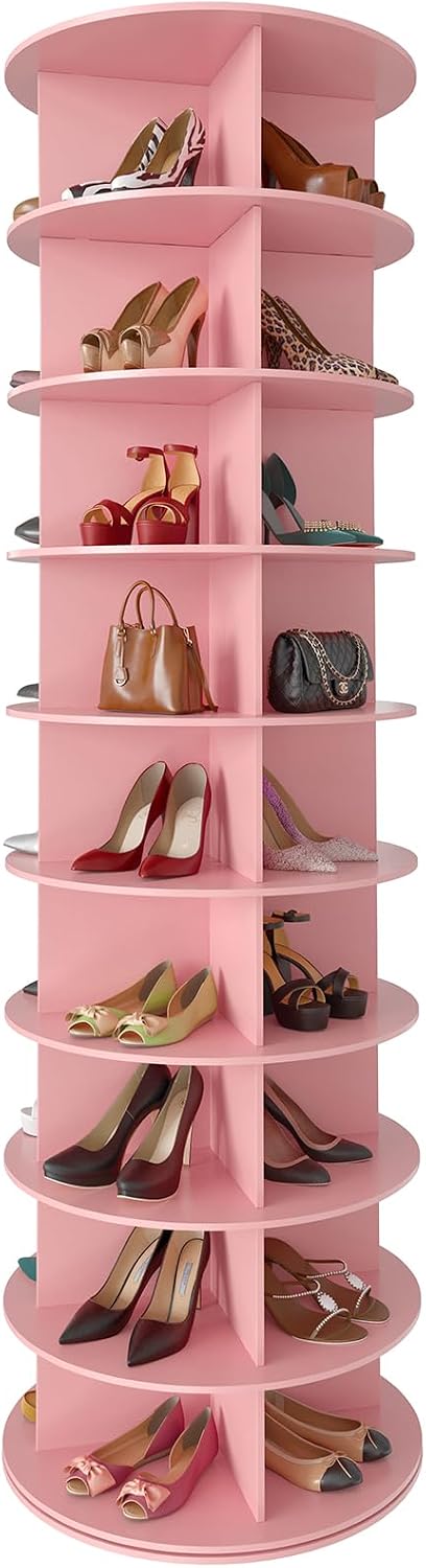 Space‑saving 7‑tier rotating shoe rack made of sturdy solid board, 360‑degree spinning access for shoes, bags and hats, quick‑assembly modern storage for your closet.