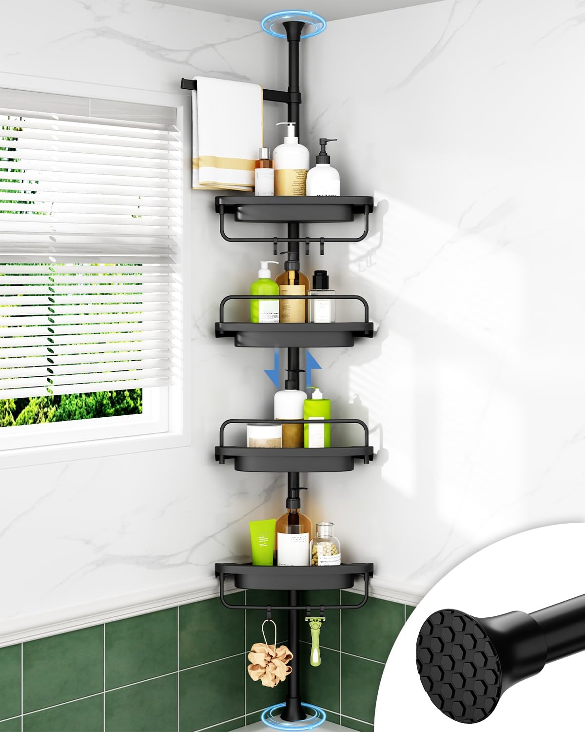 Rust‑proof corner shower caddy with 304 stainless‑steel tension pole, four large draining shelves, tool‑free fit for bathroom toiletries storage. 