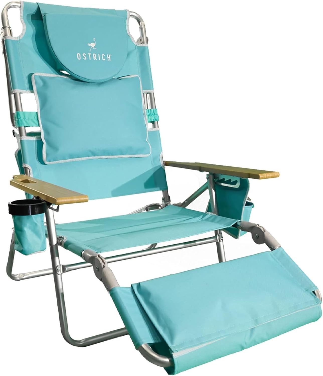 Portable reclining beach chair with face‑down feature, aluminium frame, cup holder and storage pockets for outdoor lounging and camping trips.