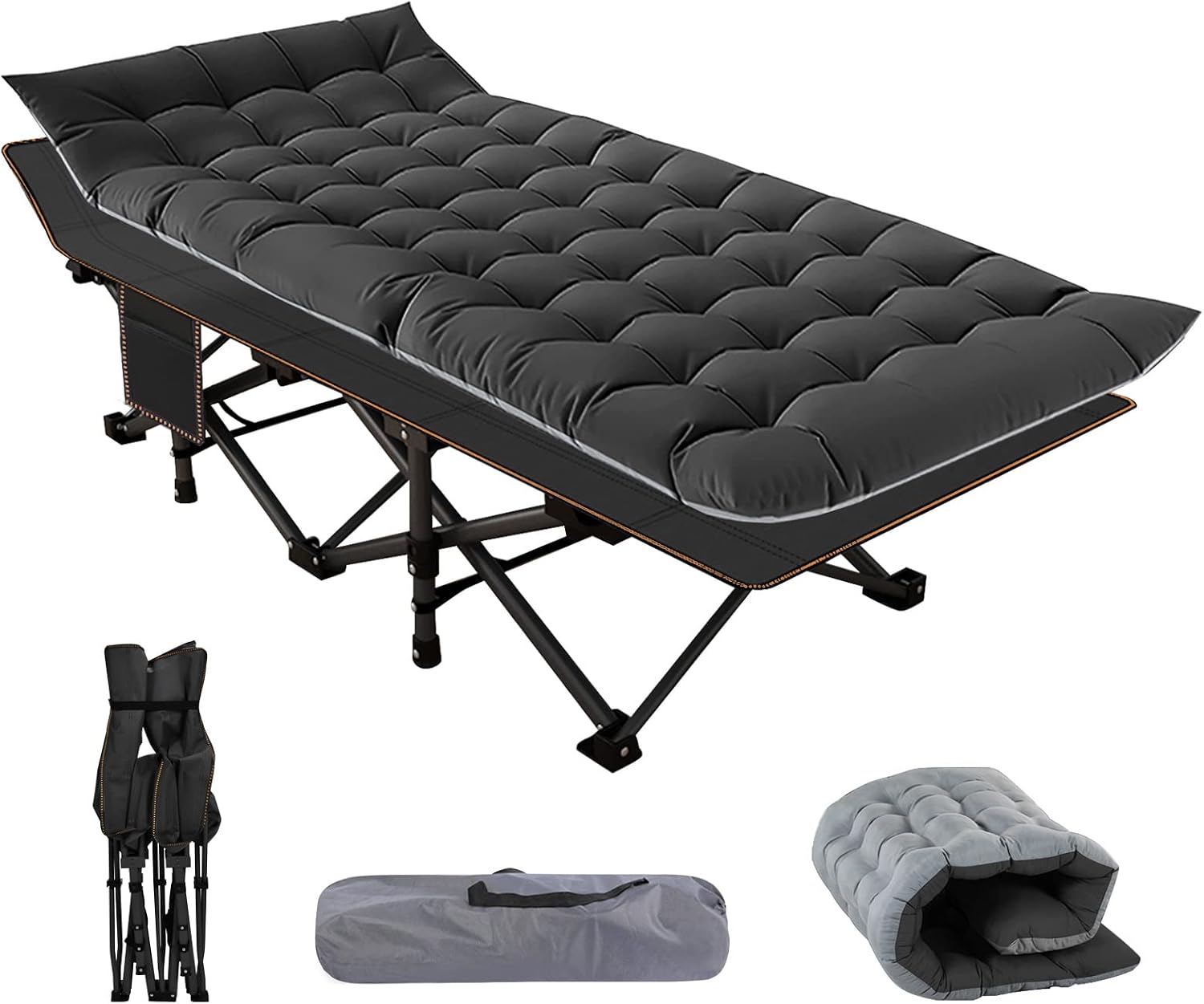Heavy-duty folding camping cot with rust-proof steel frame and tough 1200D Oxford fabric, supporting 900lbs. Fast 10-second setup, removable dual-colour mattress and portable design for indoor and outdoor sleeping.