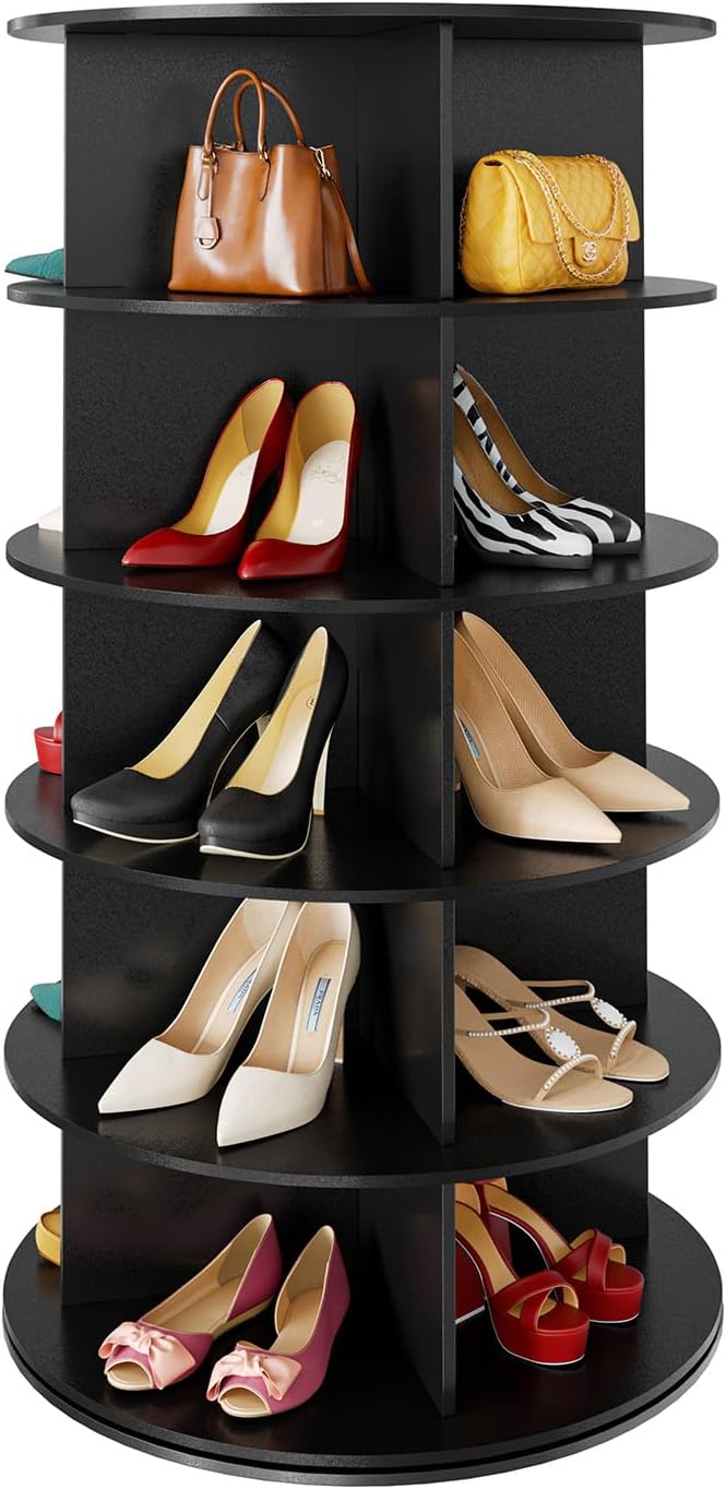 Space‑saving 7‑tier rotating shoe rack made of sturdy solid board, 360‑degree spinning access for shoes, bags and hats, quick‑assembly modern storage for your closet.