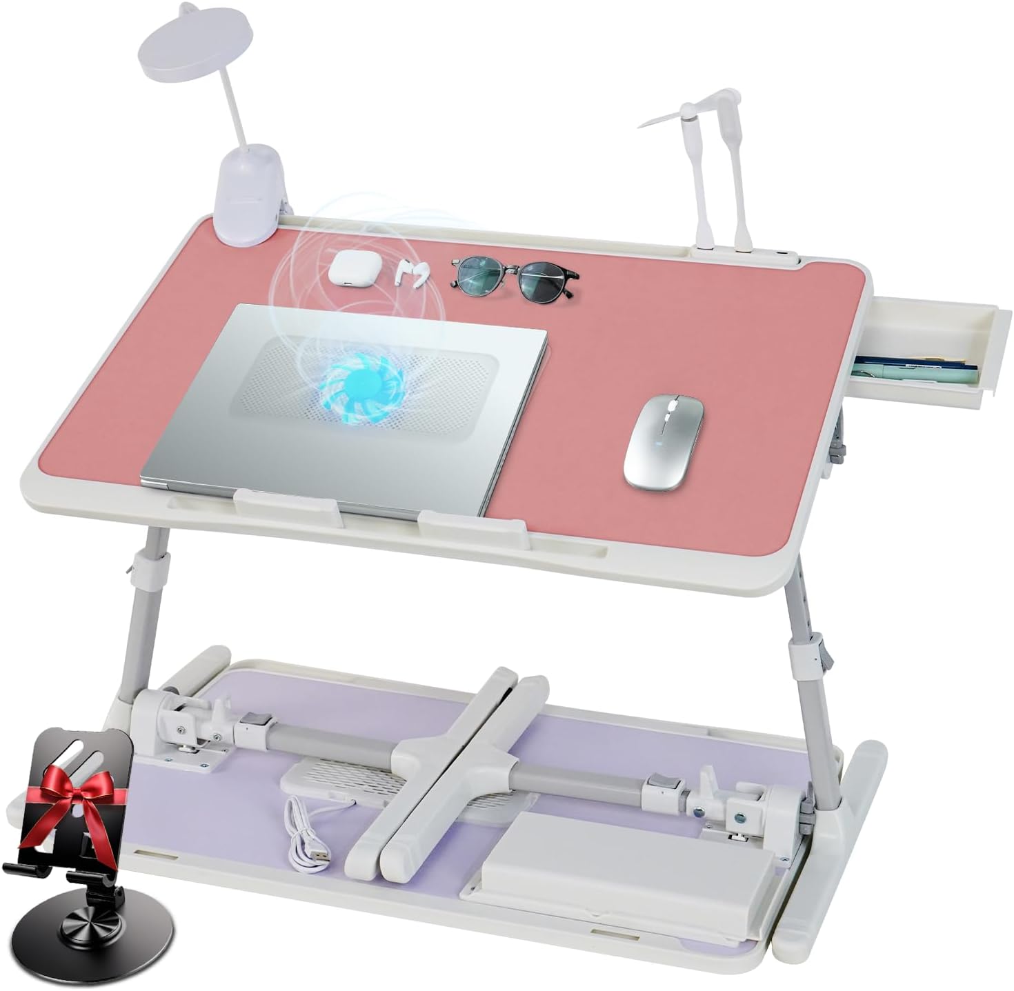 Ergonomic folding lap desk with cooling fan, dimmable USB LED lamp, adjustable height‑tilt and storage drawer, stable for laptop work in bed or on your sofa.