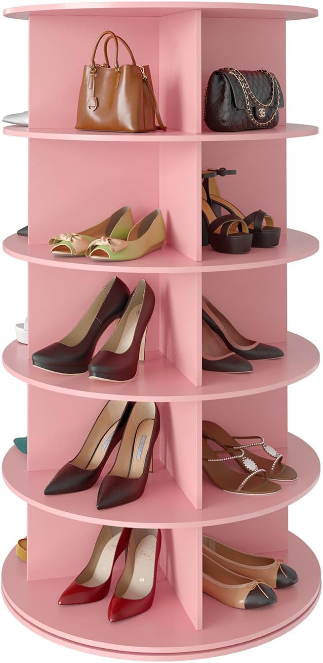 Space‑saving 7‑tier rotating shoe rack made of sturdy solid board, 360‑degree spinning access for shoes, bags and hats, quick‑assembly modern storage for your closet.